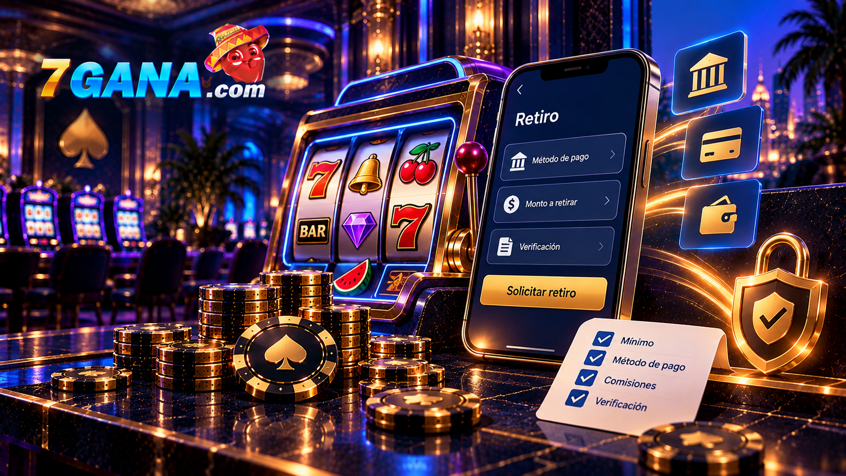 Explicación visual de retiro mínimo en casino online con elementos educativos y composición editorial clara de 7GANA
