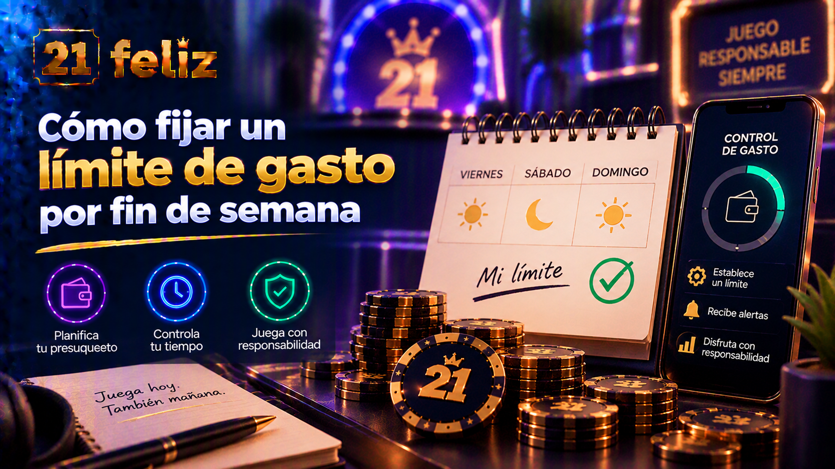 Imagen editorial sobre límite de gasto de fin de semana con reglas y precauciones explicadas para usuarios adultos de casino online en México.