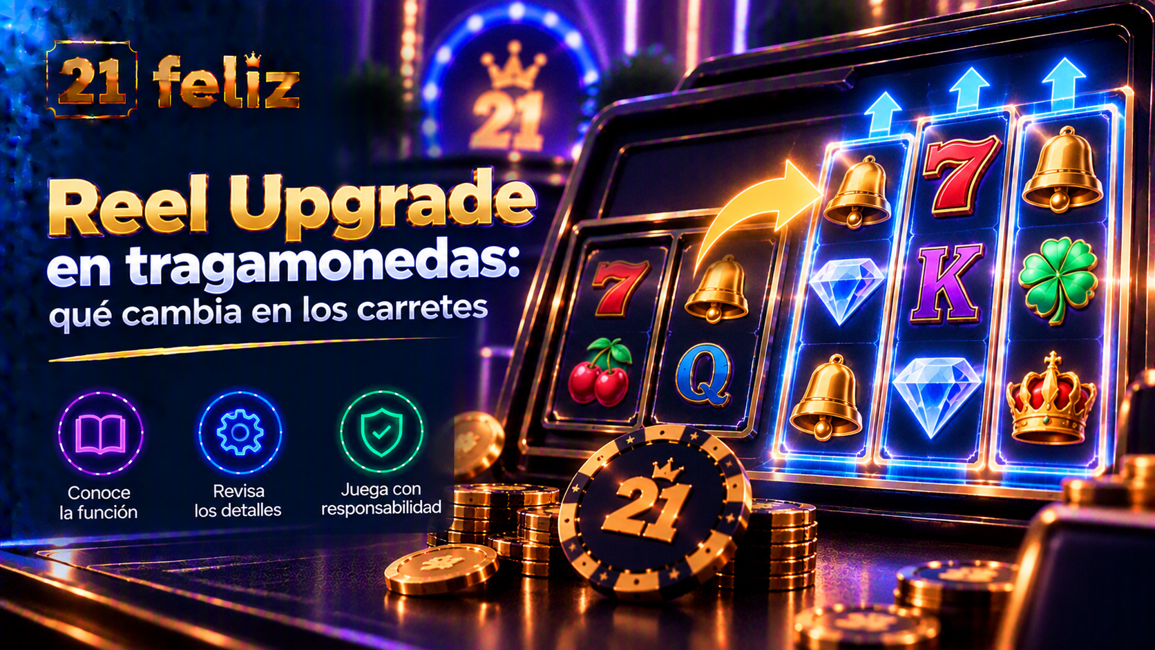 Imagen editorial sobre Reel Upgrade en tragamonedas con reglas y precauciones explicadas para usuarios adultos de casino online en México.