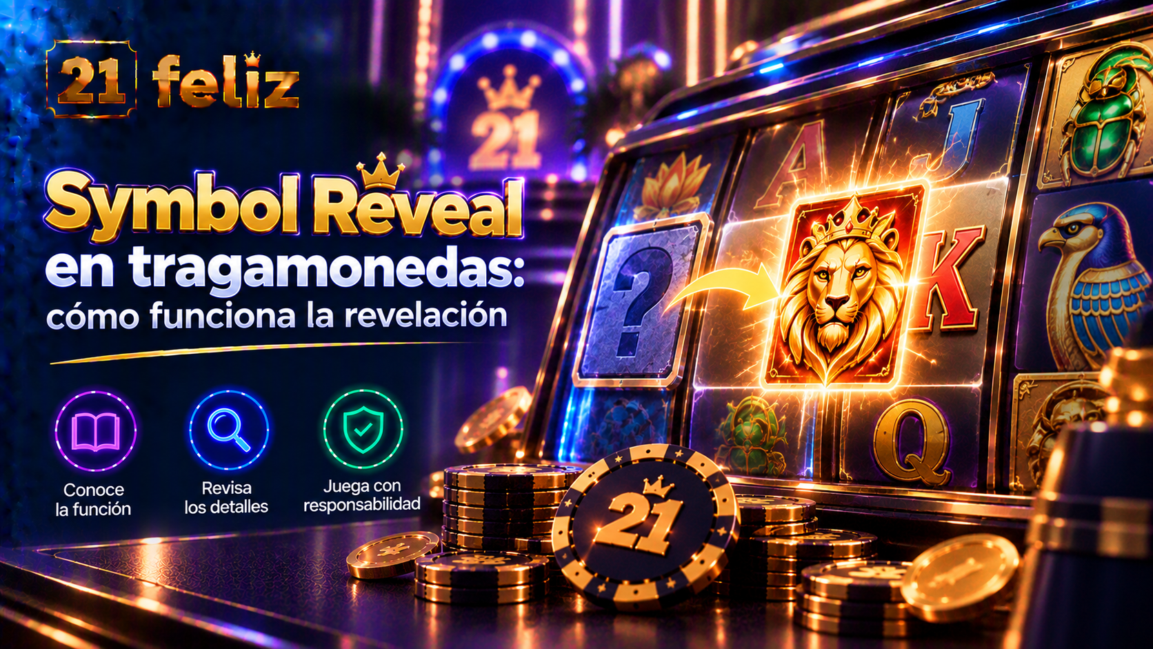 Imagen editorial sobre Symbol Reveal en tragamonedas con reglas y precauciones explicadas para usuarios adultos de casino online en México.
