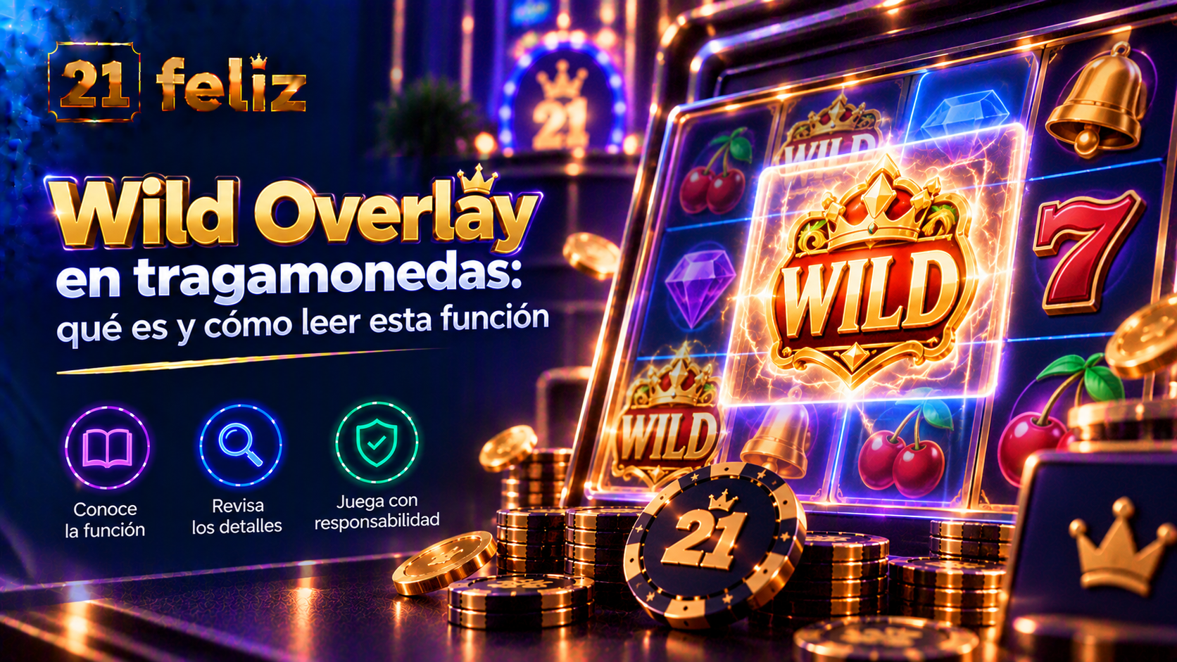 Imagen editorial sobre Wild Overlay en tragamonedas con reglas y precauciones explicadas para usuarios adultos de casino online en México.