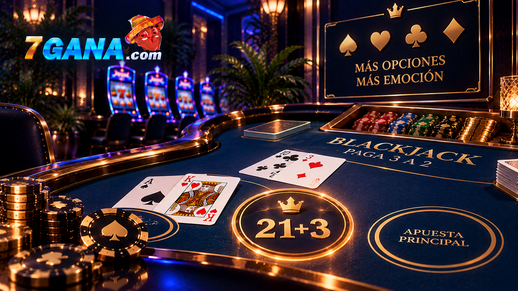 Escena educativa sobre 21+3 en blackjack con elementos del tema, fondo oscuro y composición editorial clara de 7GANA