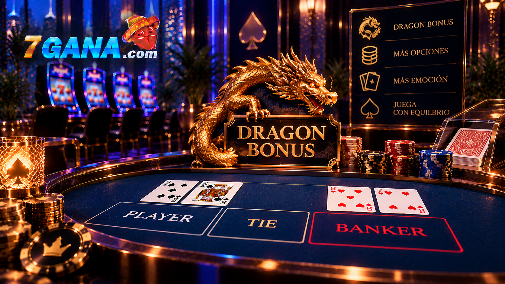 Escena educativa sobre Dragon Bonus en baccarat con elementos del tema, fondo oscuro y composición editorial clara de 7GANA