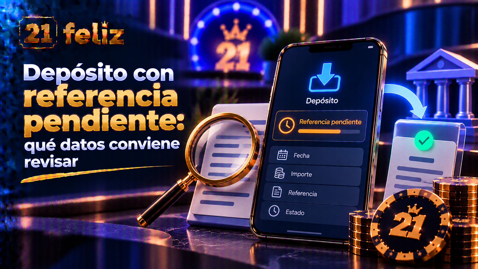 Guía visual sobre referencia pendiente de un depósito con reglas y precauciones explicadas para usuarios adultos de casino online en México.