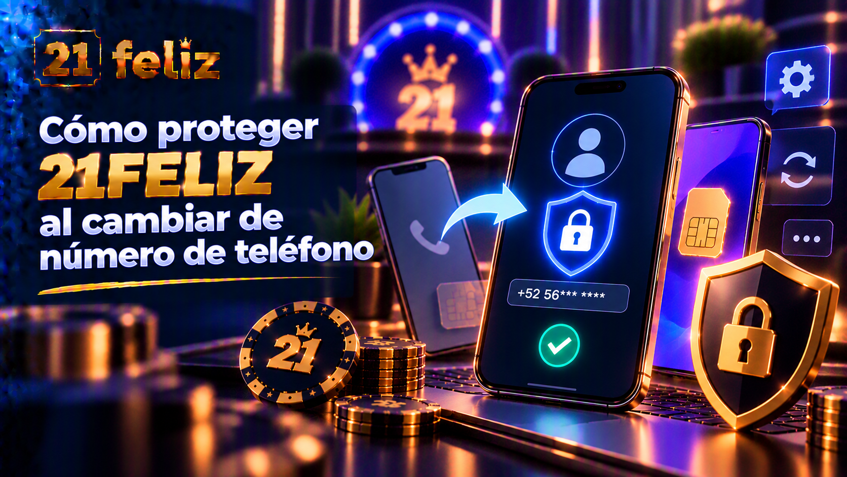 Guía visual sobre 21FELIZ al cambiar de número de teléfono con reglas y precauciones explicadas para usuarios adultos de casino online en México.