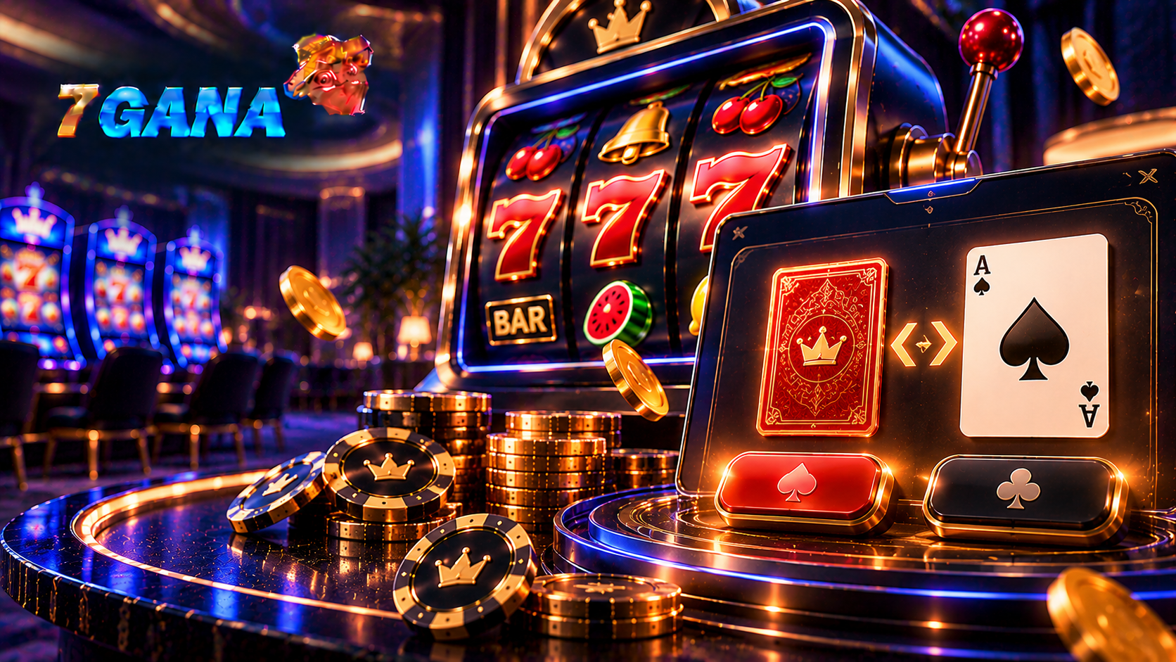 Composición educativa sobre función Gamble en tragamonedas con elementos temáticos y estilo editorial oscuro de 7GANA