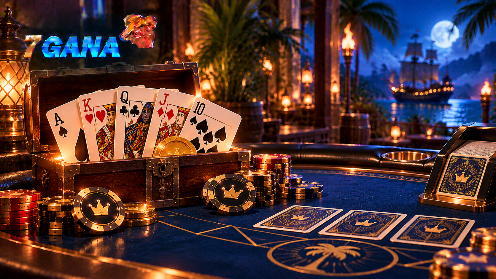 Composición educativa sobre Caribbean Stud Poker con elementos temáticos y estilo editorial oscuro de 7GANA