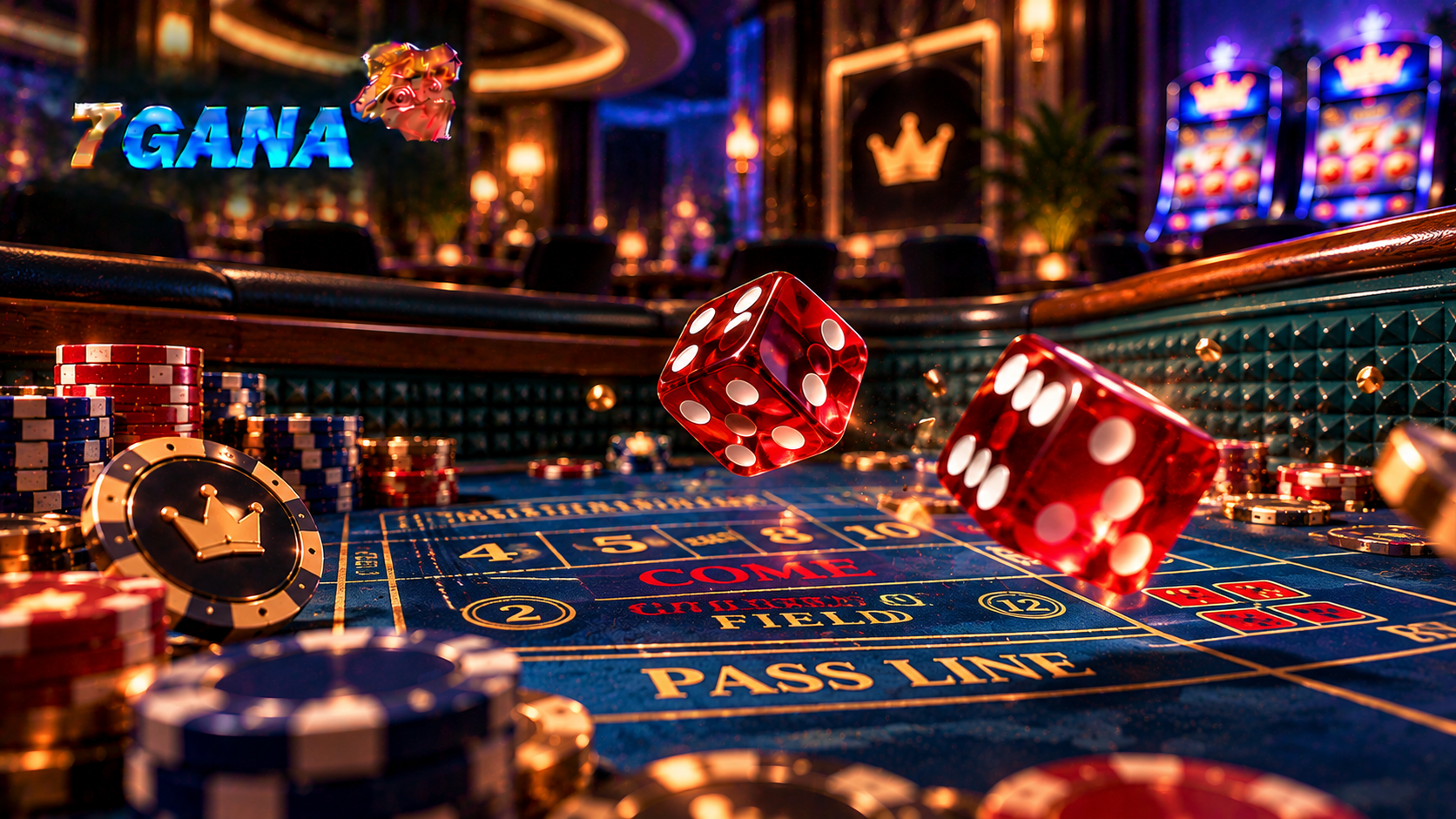 Composición educativa sobre Pass Line en craps con elementos temáticos y estilo editorial oscuro de 7GANA