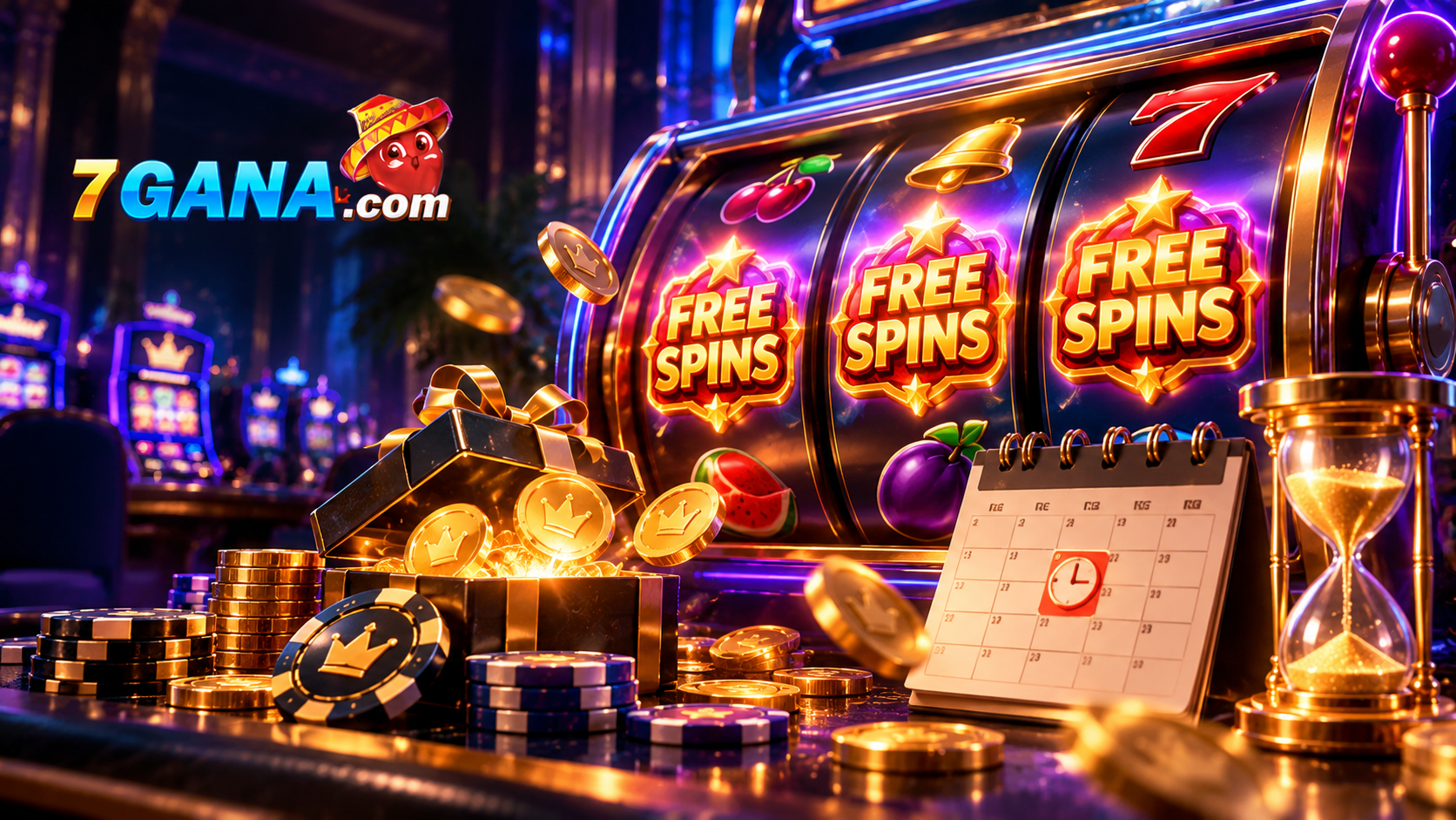 Composición educativa sobre vencimiento de free spins con elementos temáticos y estilo editorial oscuro de 7GANA