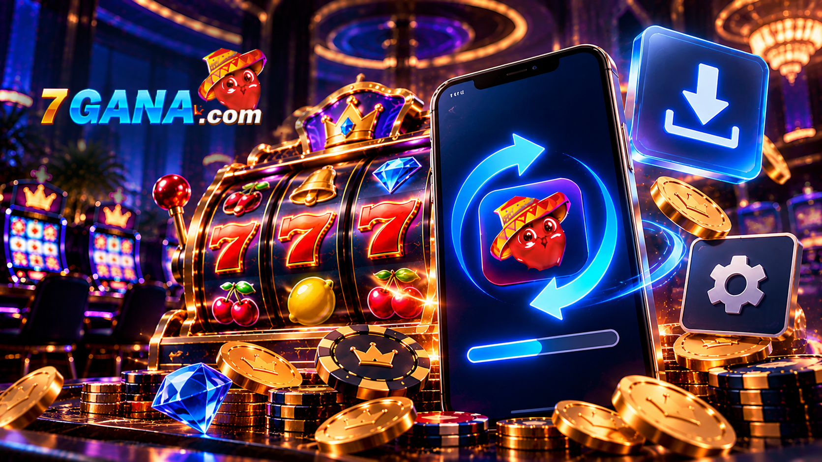 Composición educativa sobre actualizar una app de casino con elementos temáticos y estilo editorial oscuro de 7GANA