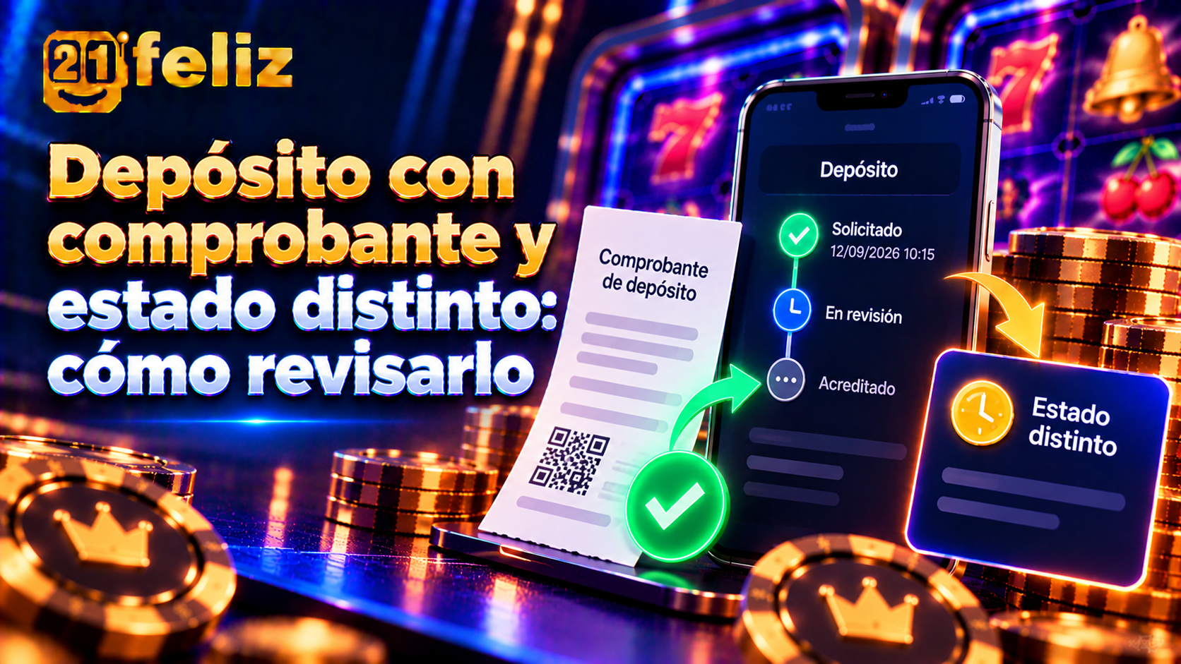 Guía visual sobre depósito con comprobante y estado distinto con reglas, controles y precauciones para usuarios adultos de casino online en México.