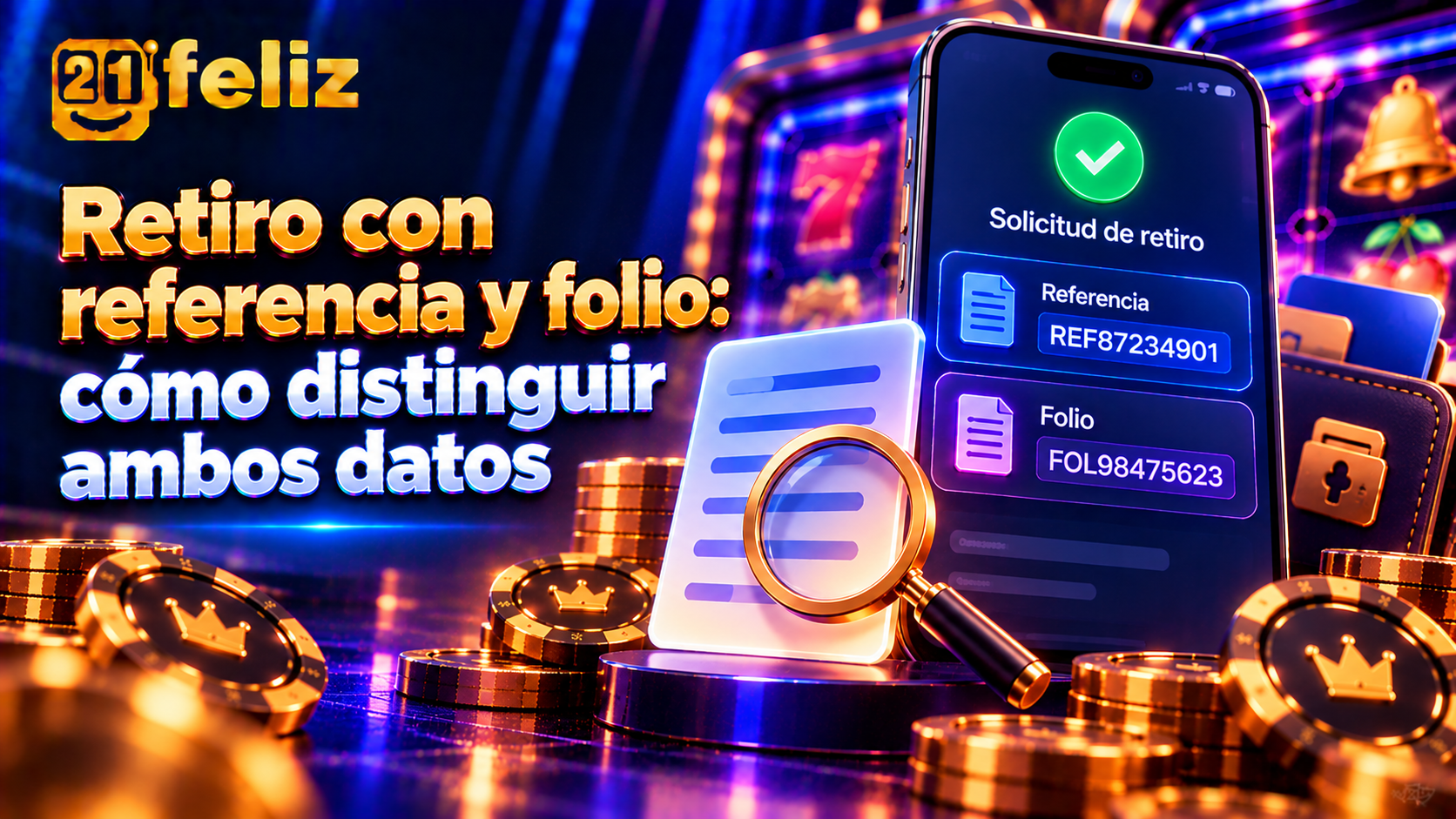 Guía visual sobre referencia y folio de retiro con reglas, controles y precauciones para usuarios adultos de casino online en México.