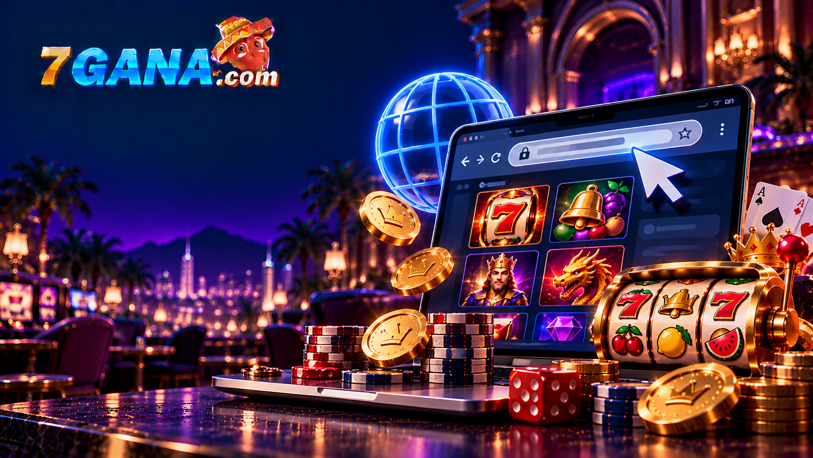 Ilustración editorial que explica casino online desde navegador con elementos visuales claros sobre un fondo azul oscuro.