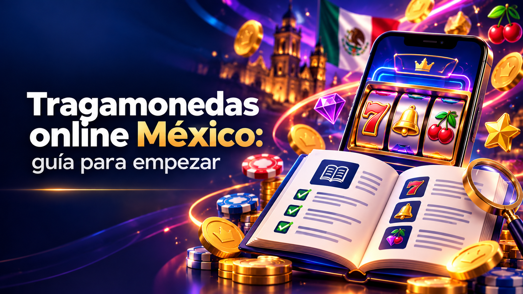 Interfaz ilustrada para entender tragamonedas online México, con tragamonedas y elementos de consulta en un entorno digital.