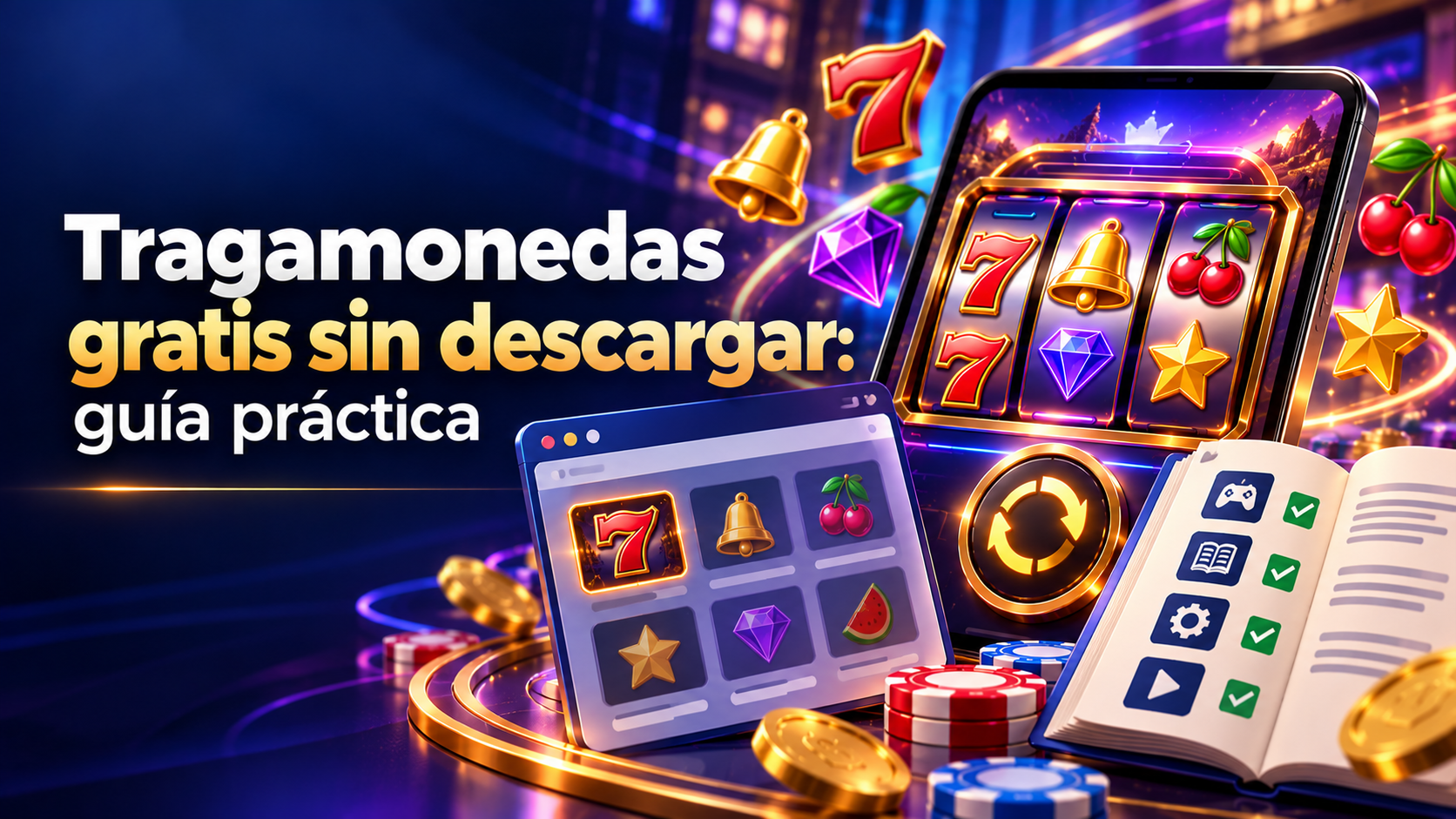 Interfaz ilustrada para entender tragamonedas gratis sin descargar, con tragamonedas y elementos de consulta en un entorno digital.