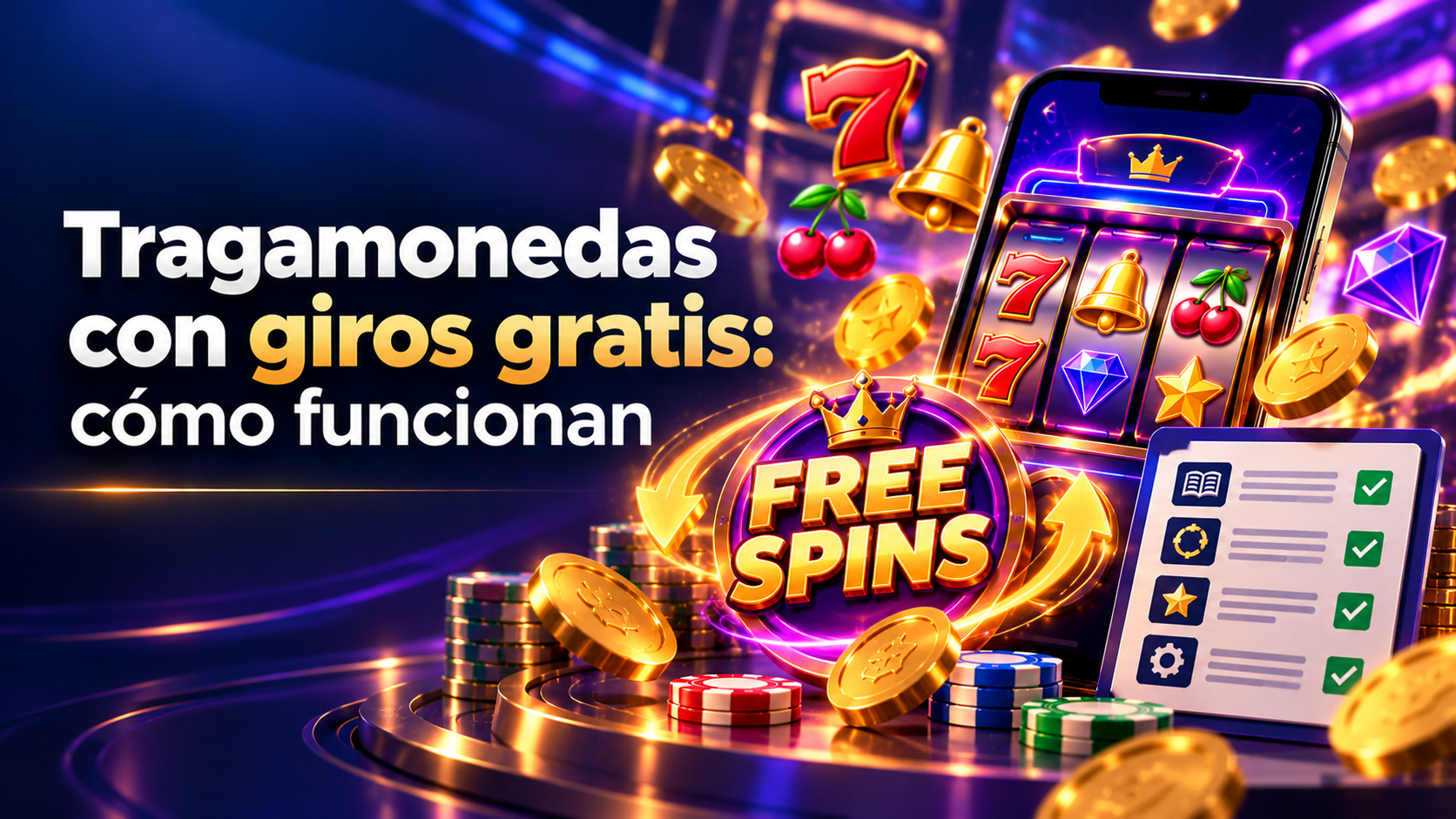 Interfaz ilustrada para entender tragamonedas con giros gratis, con tragamonedas y elementos de consulta en un entorno digital.
