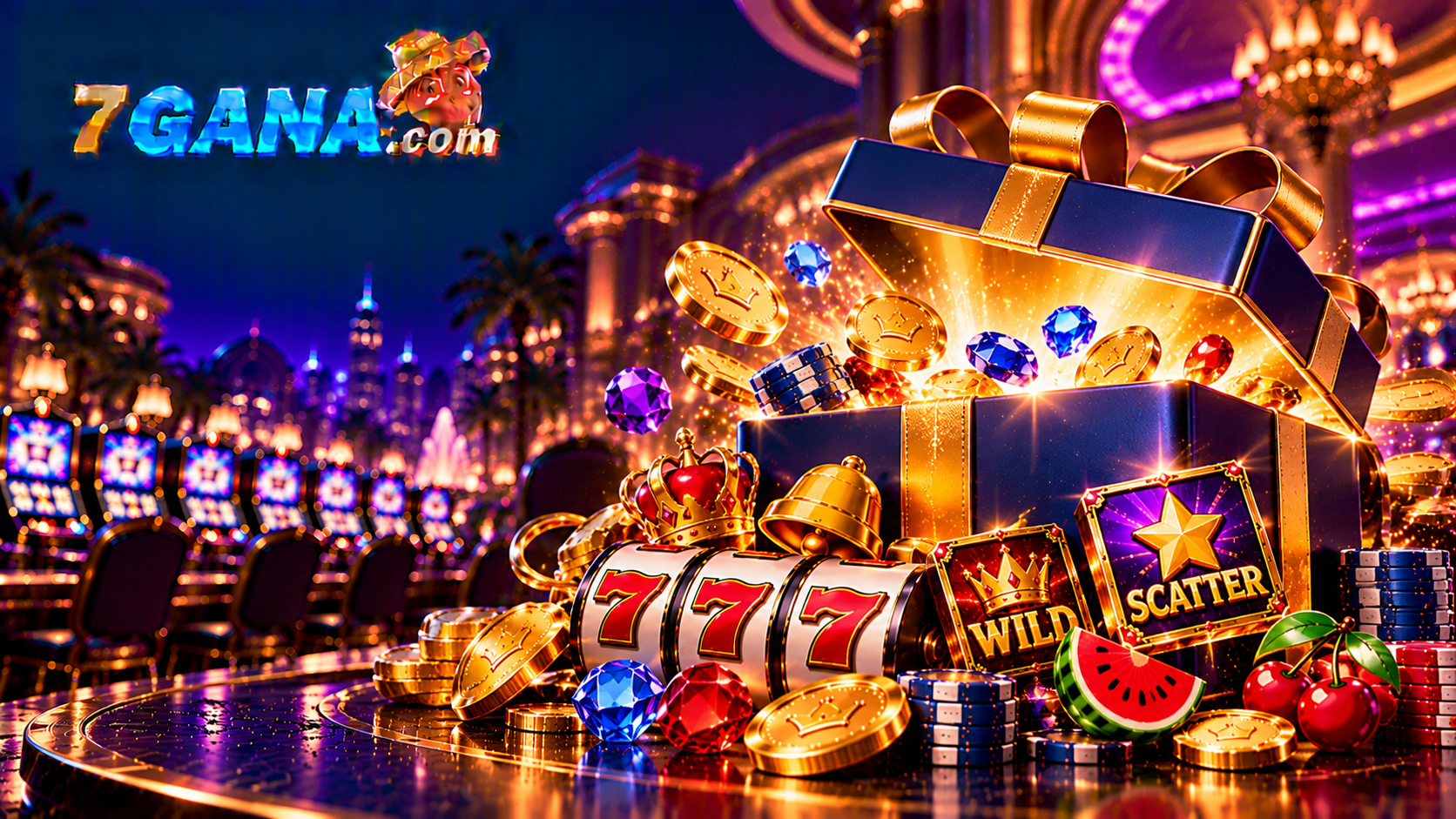 Ilustración de bono de bienvenida casino con máquinas tragamonedas y elementos explicativos de la guía de 7GANA.