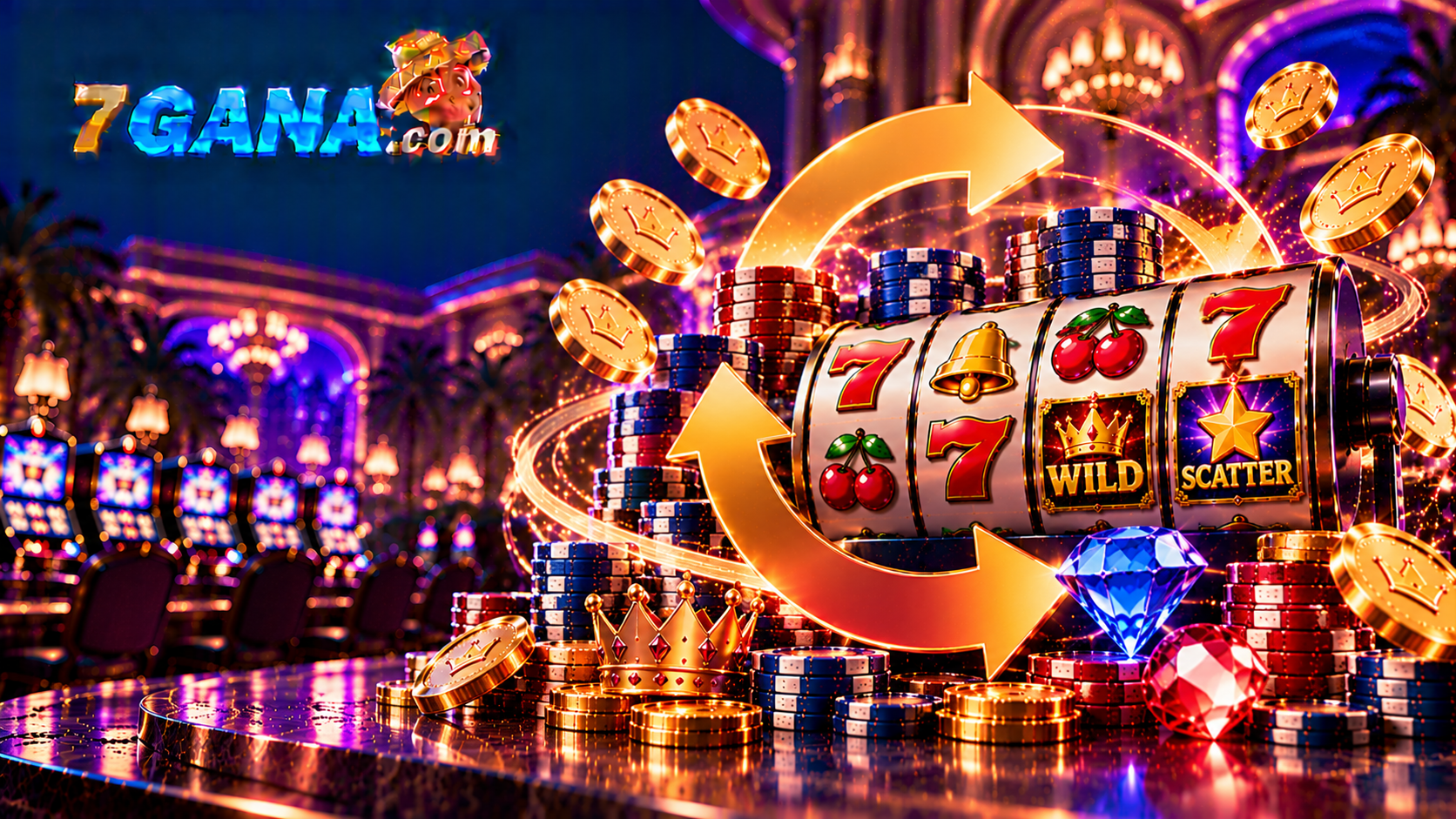 Ilustración de rollover bono casino con máquinas tragamonedas y elementos explicativos de la guía de 7GANA.