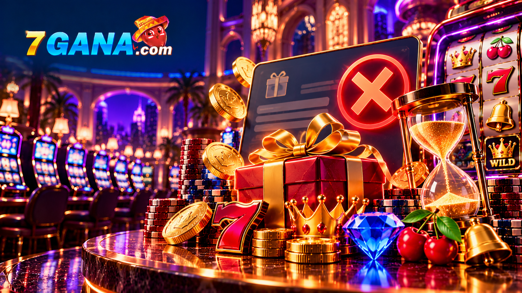 Ilustración de promoción casino inactiva con máquinas tragamonedas y elementos explicativos de la guía de 7GANA.