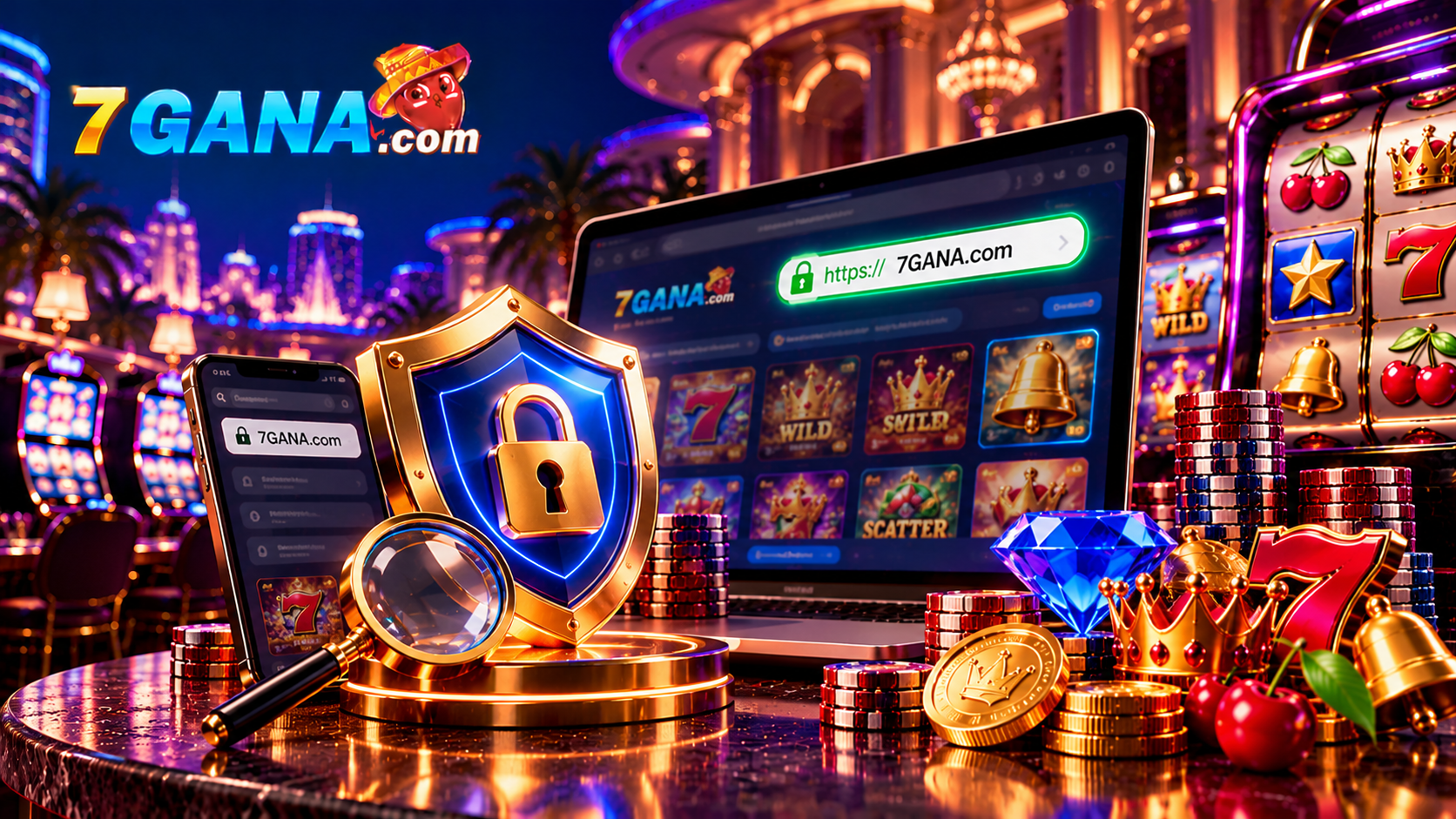 Ilustración de sitio oficial casino online con máquinas tragamonedas y elementos explicativos de la guía de 7GANA.