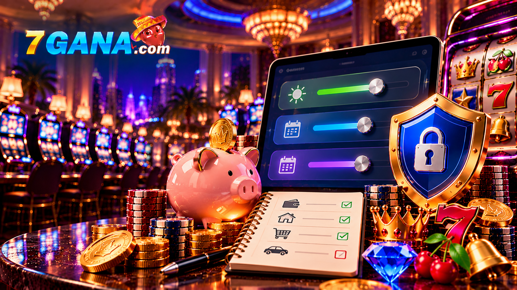 Ilustración de límites de depósito casino con máquinas tragamonedas y elementos explicativos de la guía de 7GANA.
