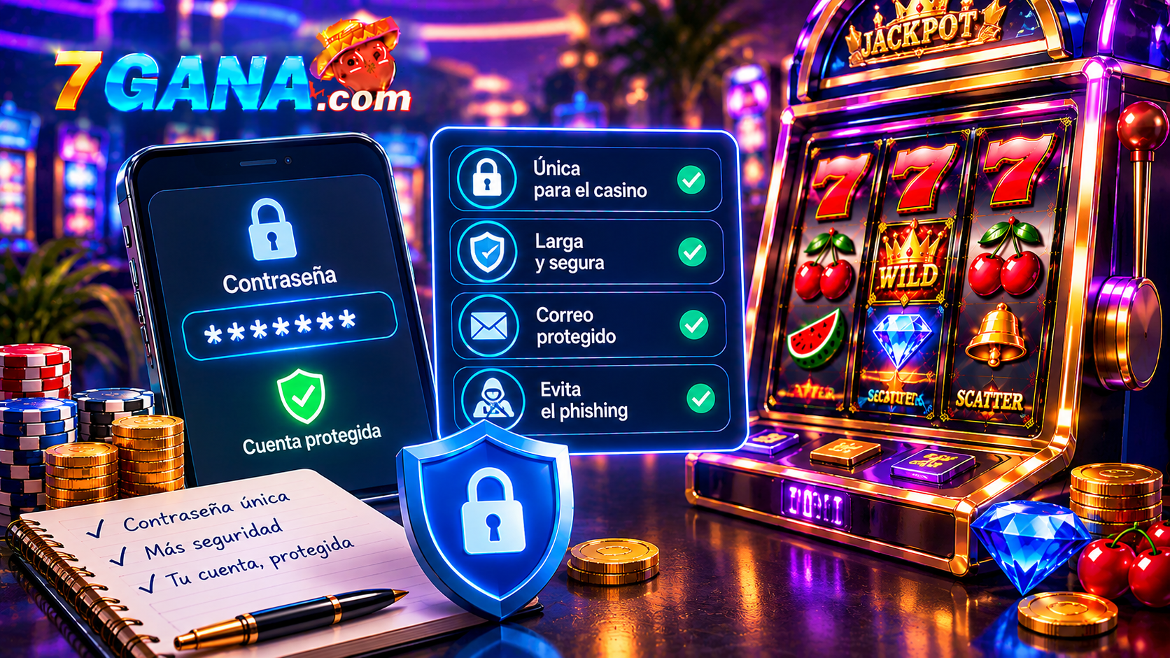 Ilustración educativa de contraseñas únicas para cuentas de casino: guía de protección para lectores adultos de México.