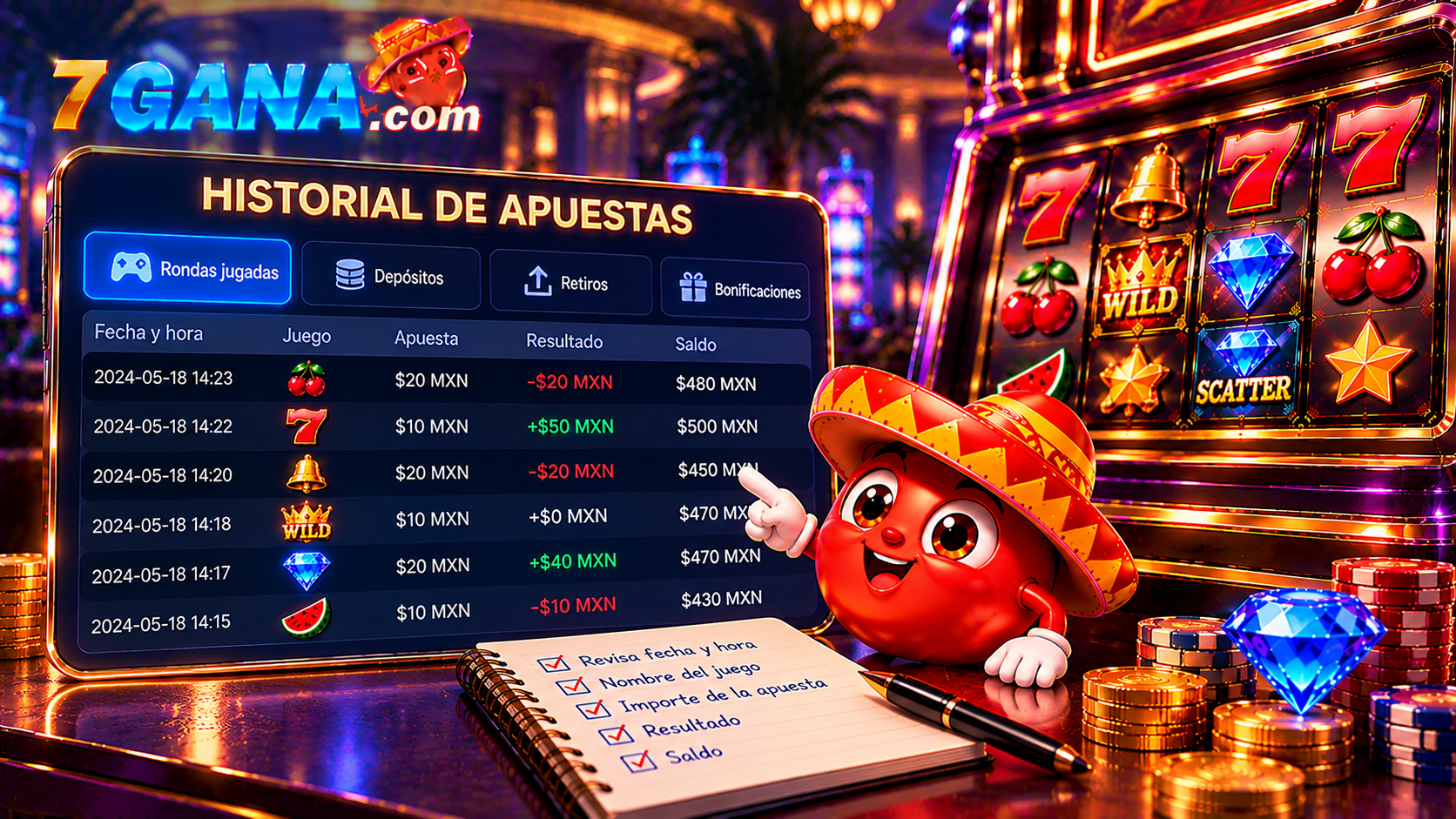 Ilustración educativa de cómo leer el historial de apuestas de un casino online para lectores adultos de México.