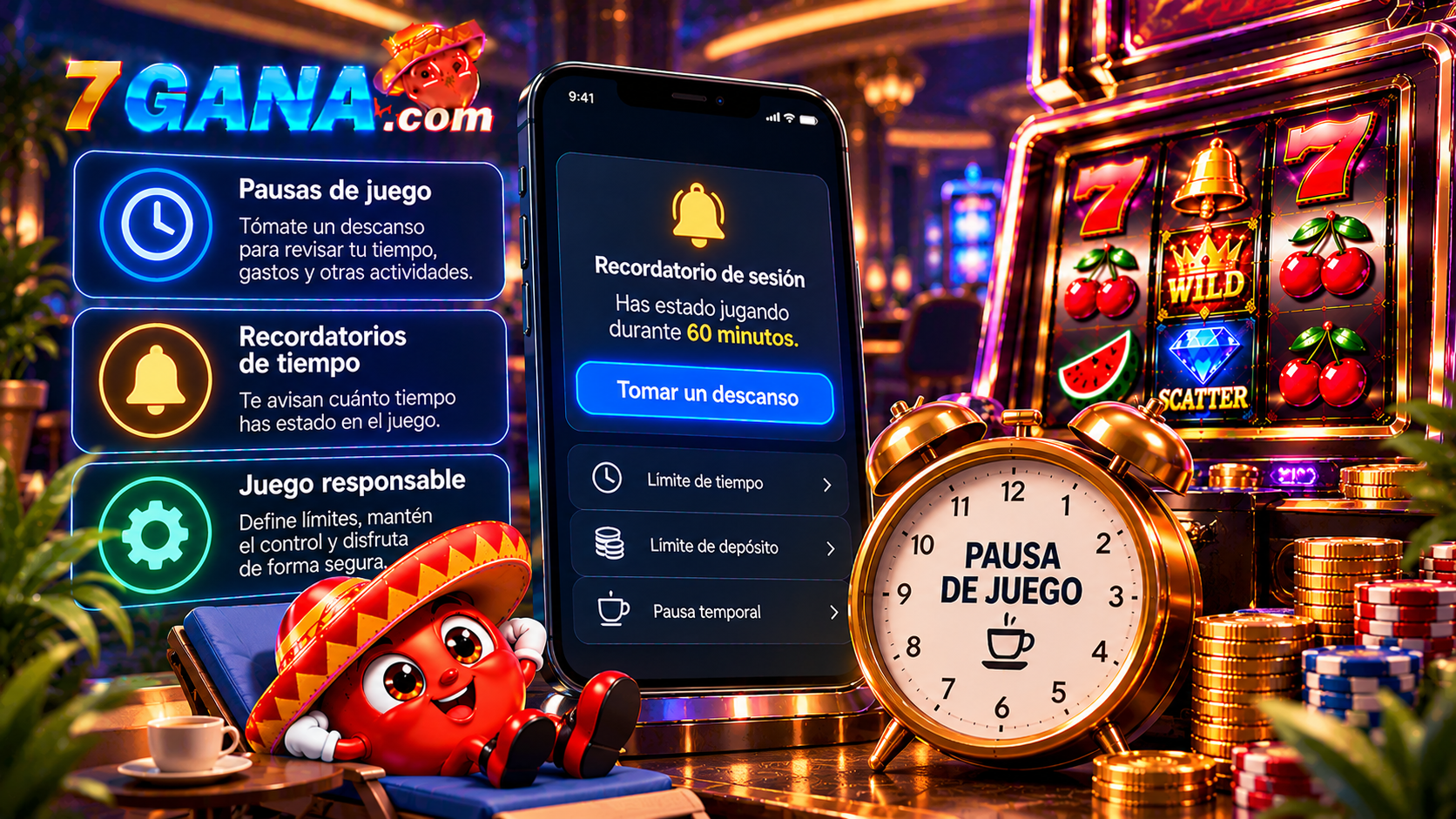 Ilustración educativa de pausas de juego y recordatorios de tiempo en casinos online para lectores adultos de México.