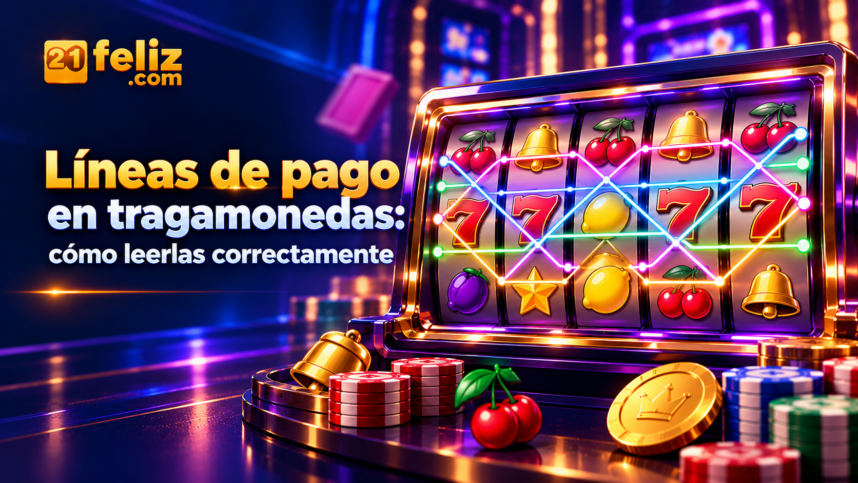 Una máquina de tragamonedas con cinco carretes y líneas luminosas que muestran diferentes trayectorias. Guía sobre líneas de pago en tragamonedas para usuarios adultos en México.