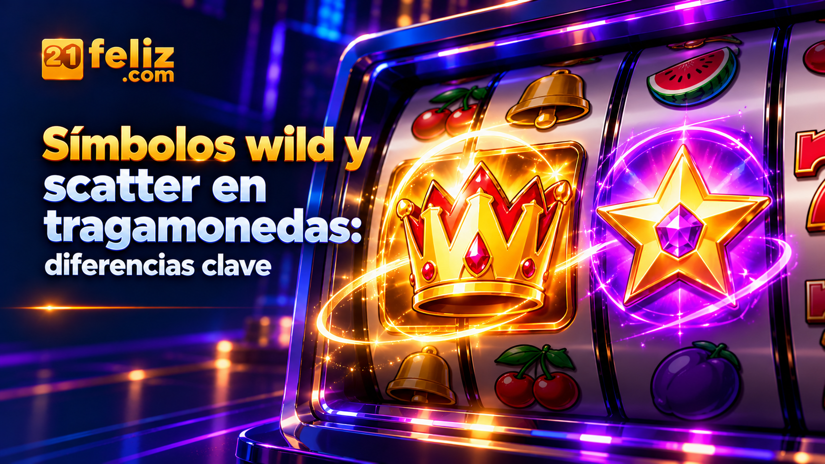 Dos símbolos abstractos brillantes y distintos sobre carretes de tragamonedas sin marcas. Guía sobre símbolos wild y scatter para usuarios adultos en México.