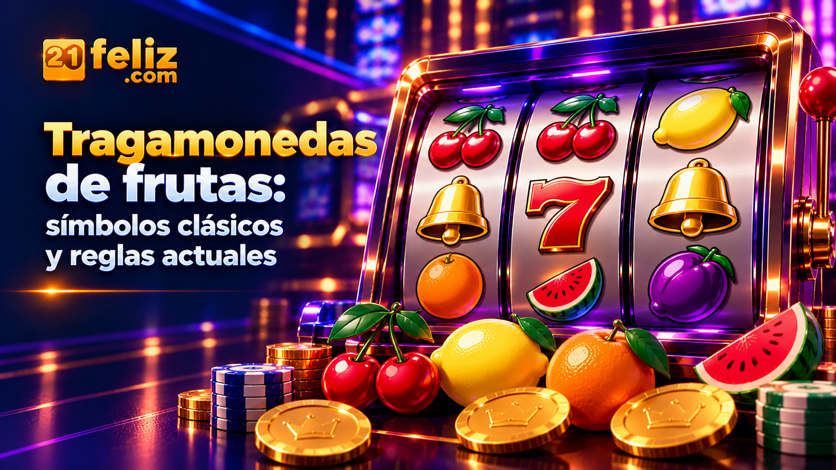 Carretes clásicos de frutas con cerezas, limones y campanas en una estética editorial elegante. Guía sobre tragamonedas de frutas para usuarios adultos en México.