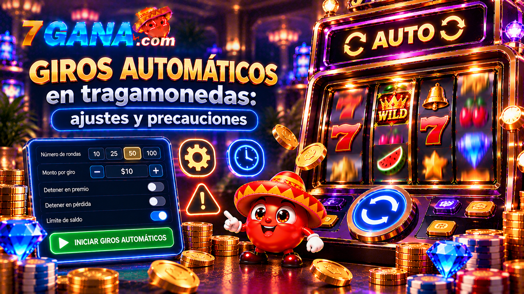 Ilustración educativa sobre giros automáticos en tragamonedas: ajustes y precauciones para usuarios adultos en México.