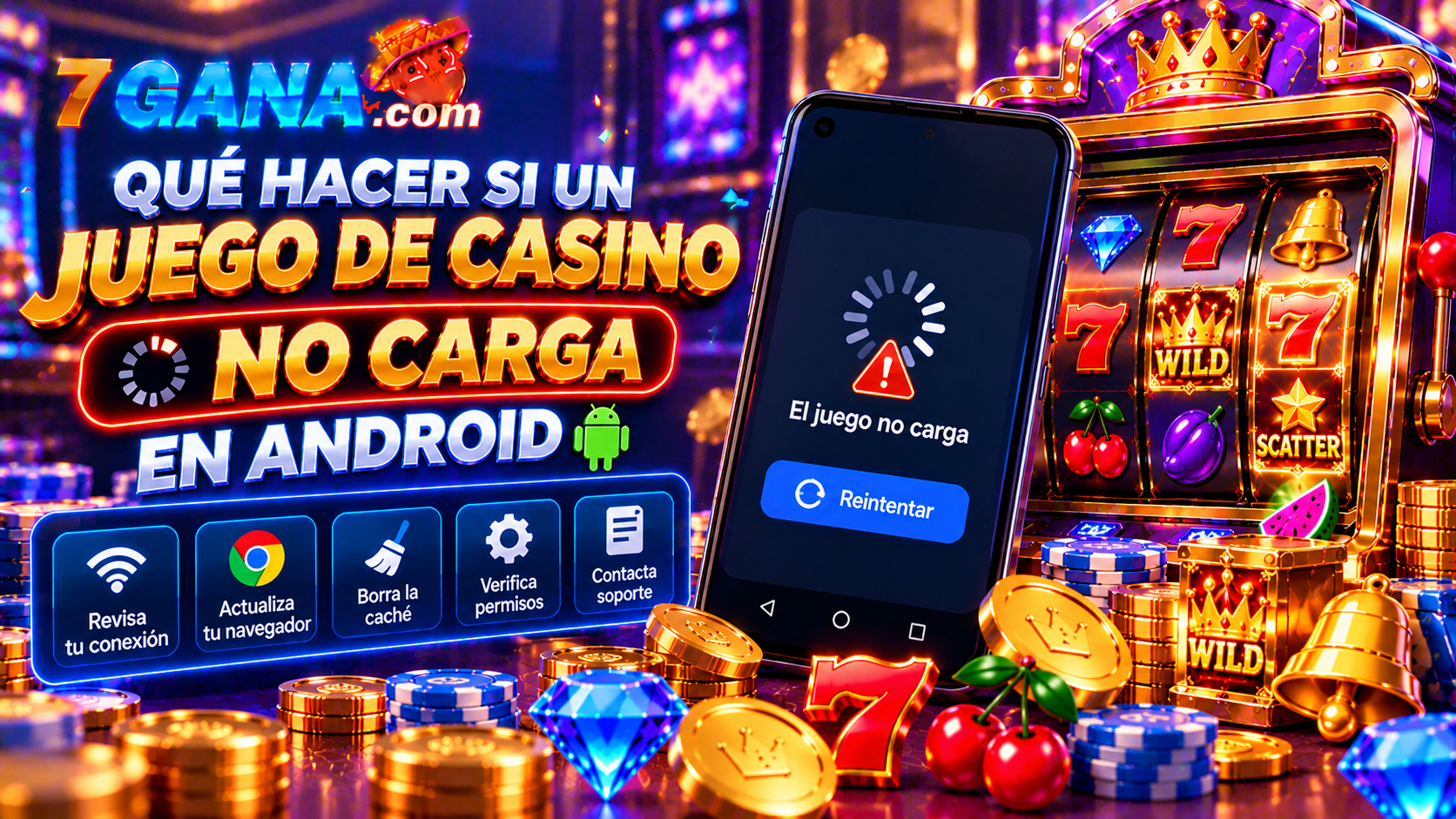 Ilustración educativa sobre qué hacer si un juego de casino no carga en Android para usuarios adultos en México.