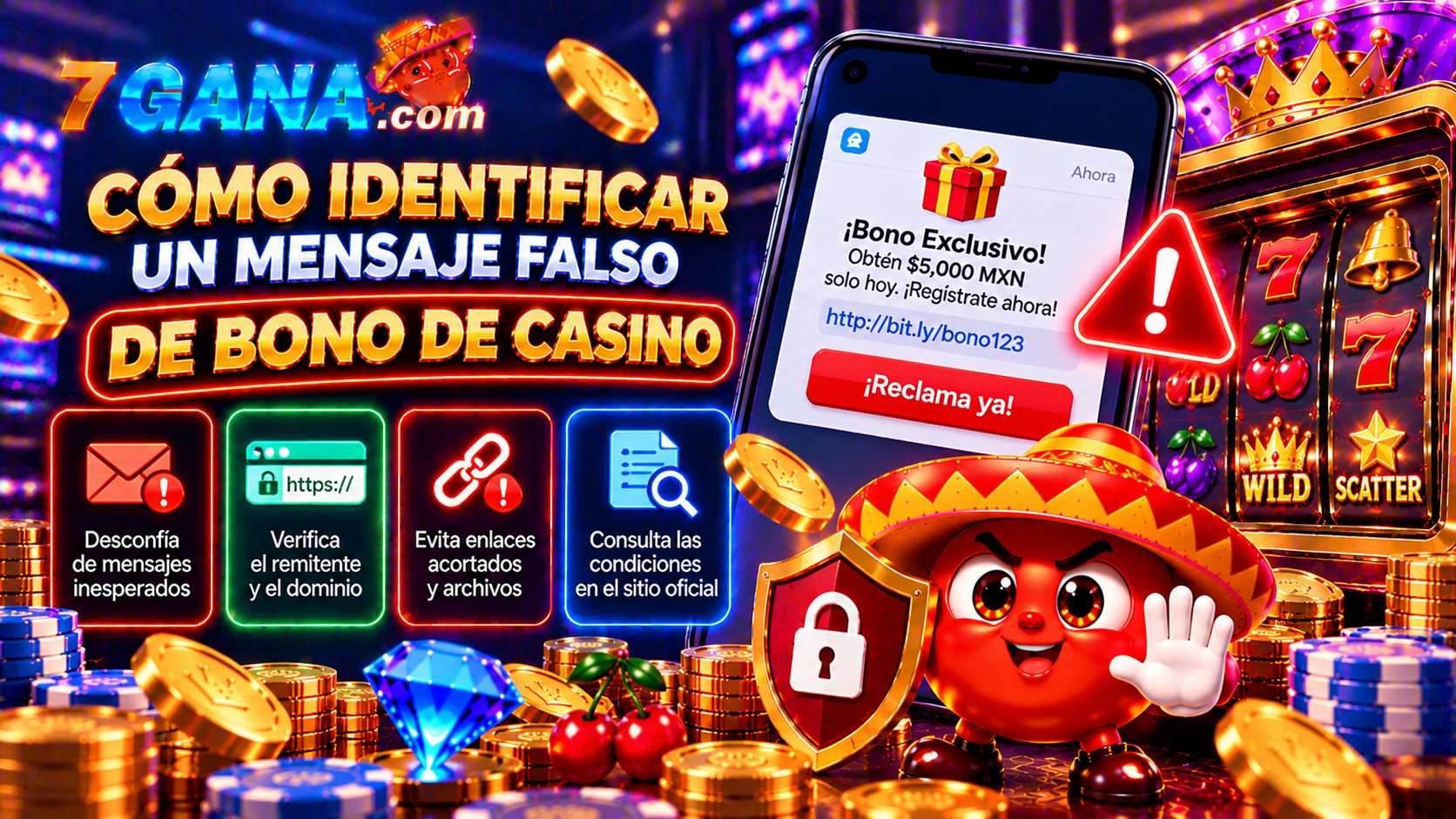 Ilustración educativa sobre cómo identificar un mensaje falso de bono de casino para usuarios adultos en México.