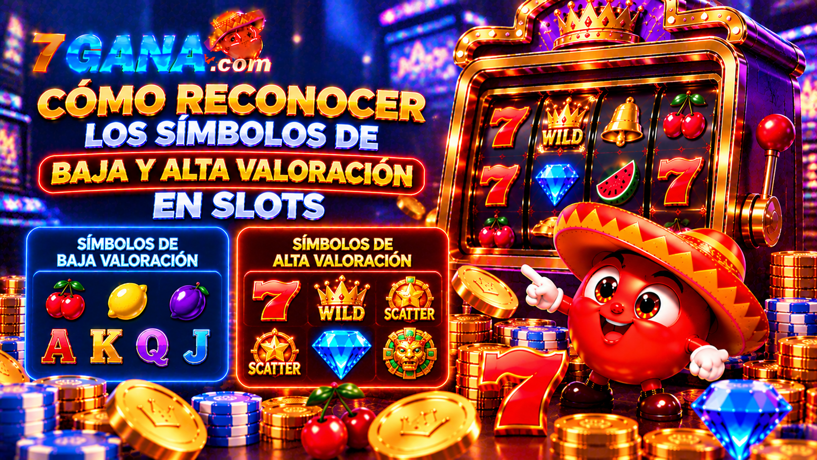 Ilustración educativa sobre cómo reconocer los símbolos de baja y alta valoración en slots para usuarios adultos en México.