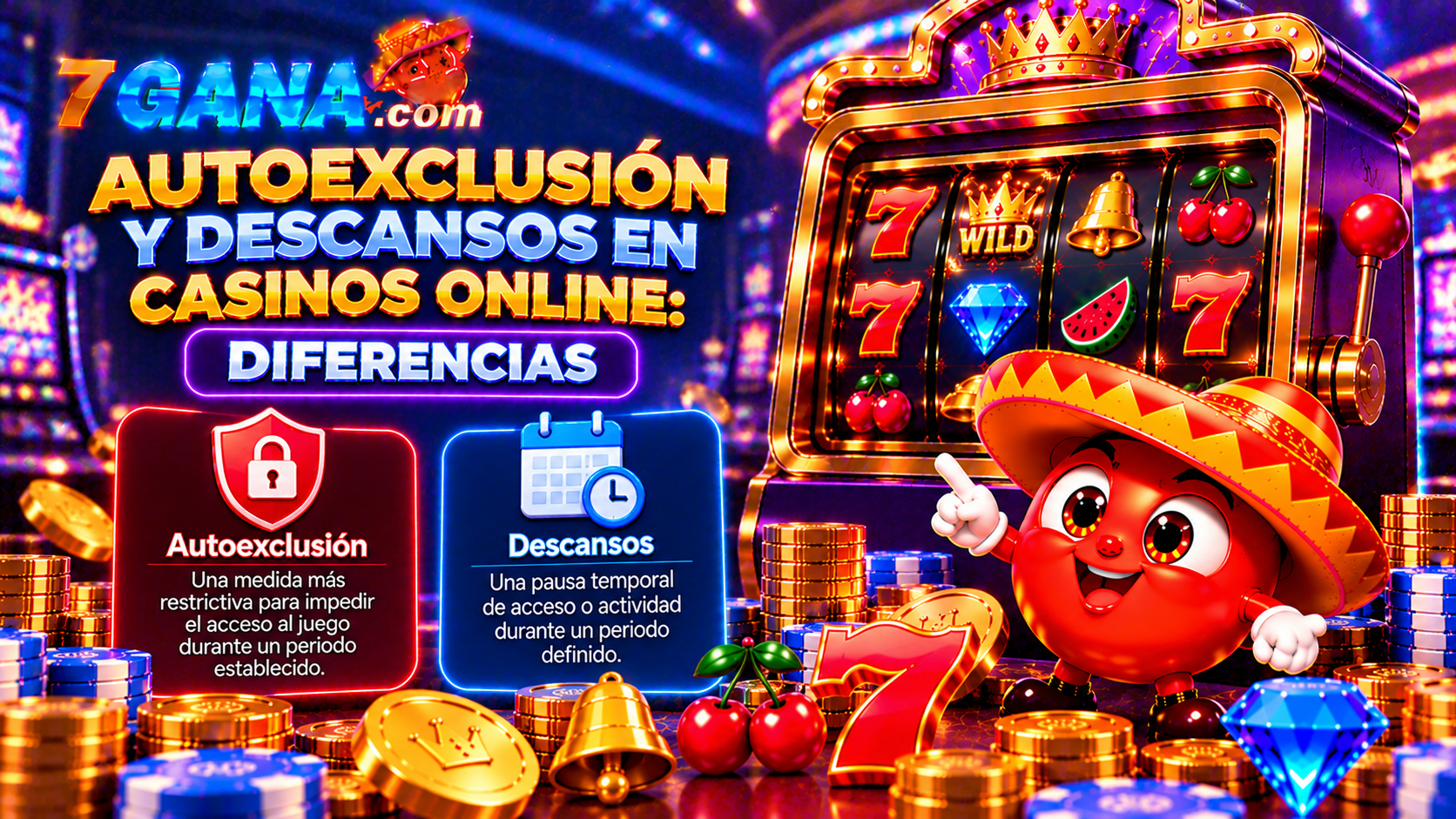 Ilustración educativa sobre autoexclusión y descansos en casinos online: diferencias para usuarios adultos en México.