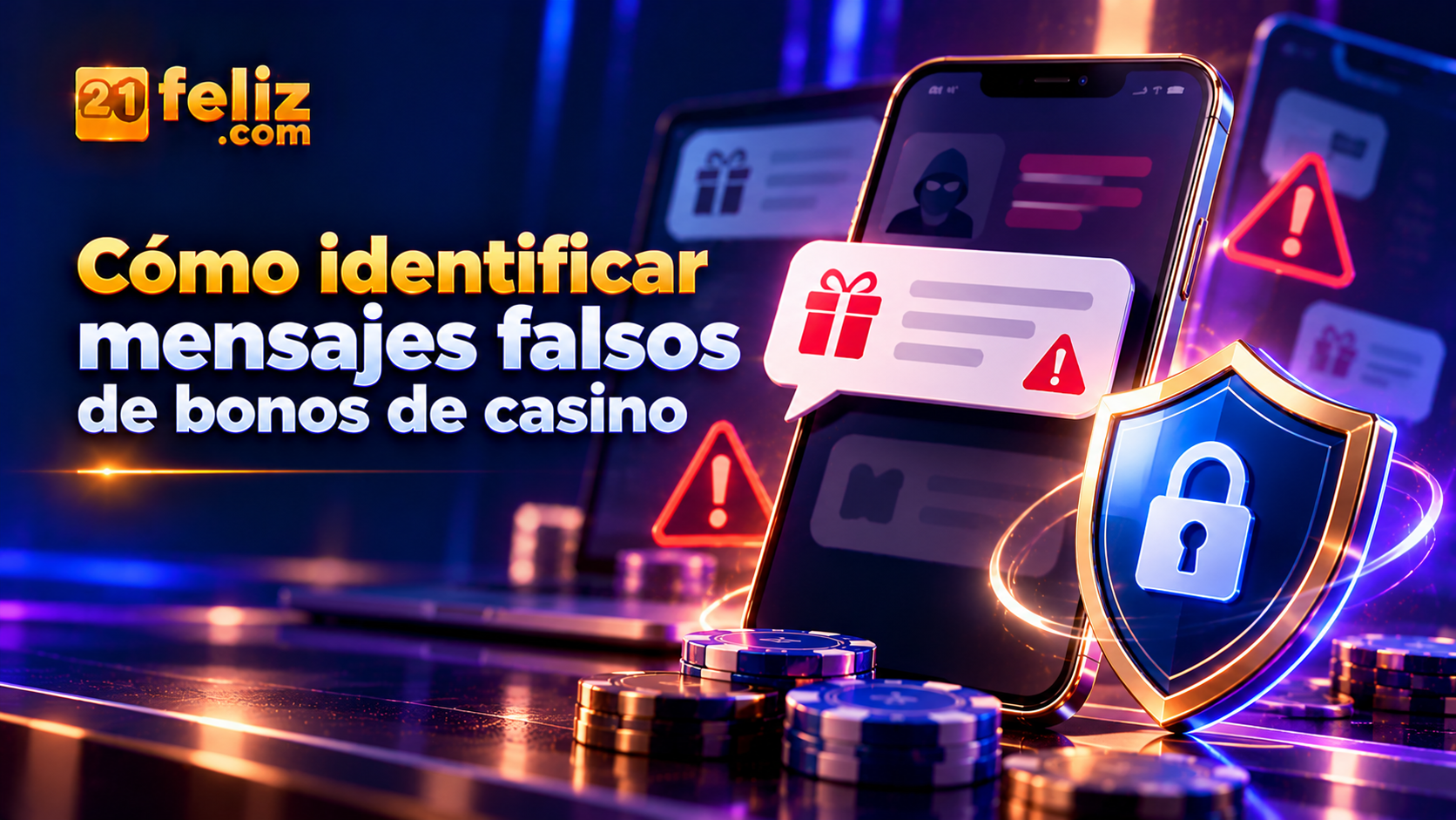 Ilustración editorial sobre mensajes falsos bonos casino, con elementos digitales claros y una composición pensada para lectores de México.