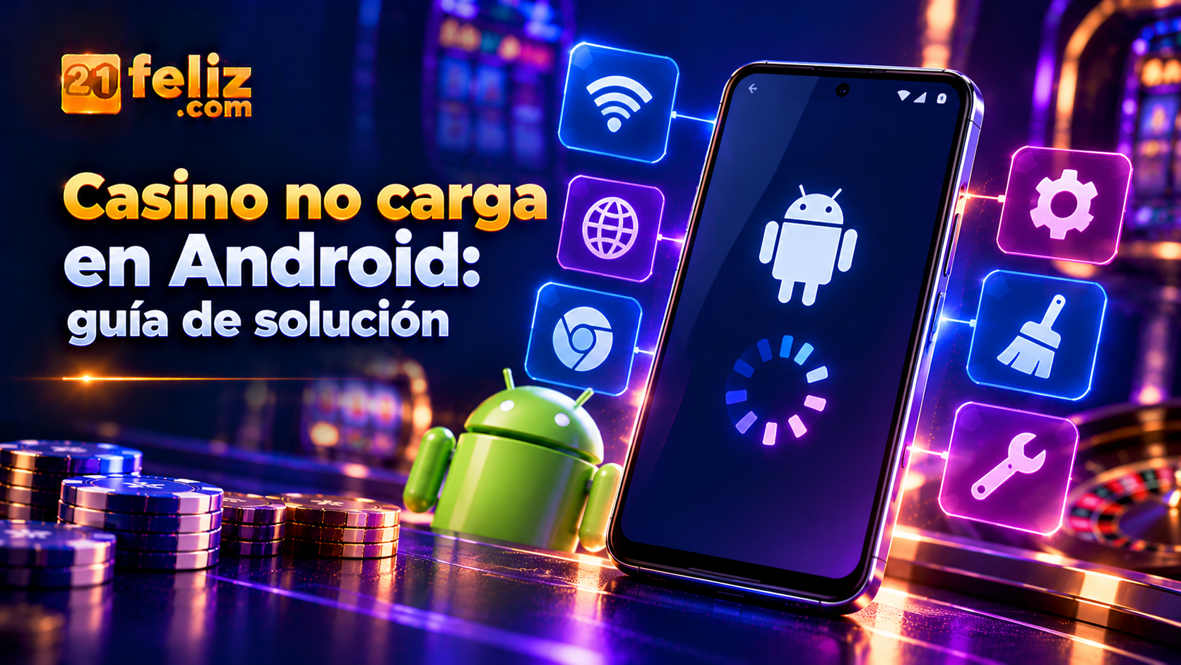 Ilustración editorial sobre casino no carga android, con elementos digitales claros y una composición pensada para lectores de México.