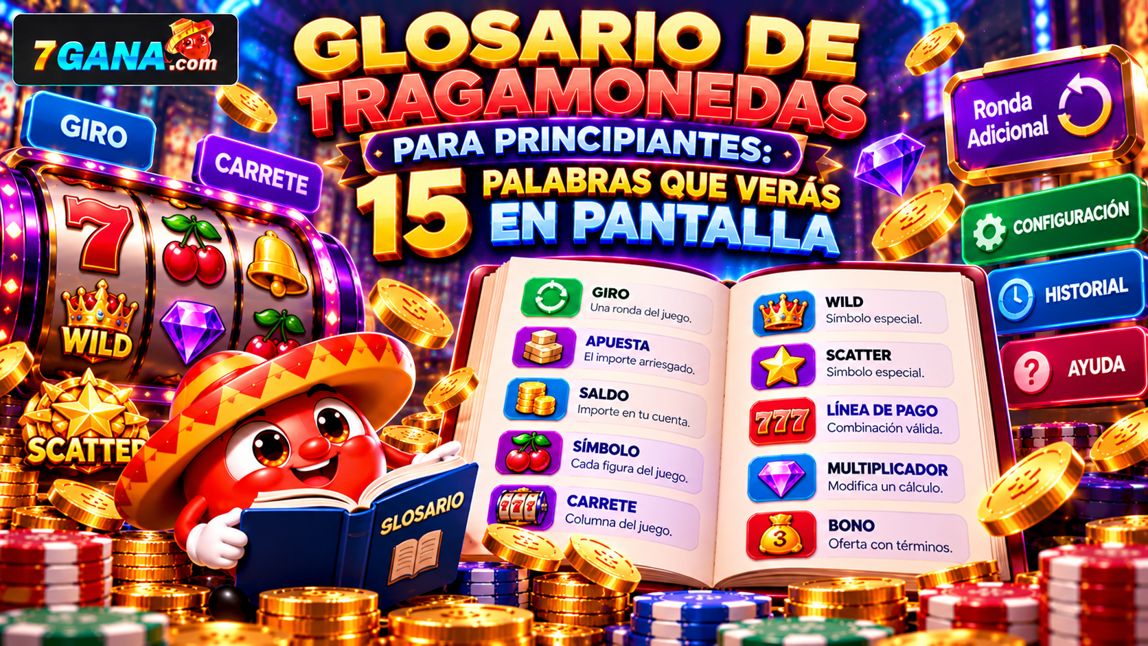 Imagen educativa sobre glosario de tragamonedas para principiantes: 15 palabras que verás en pantalla para adultos en México.