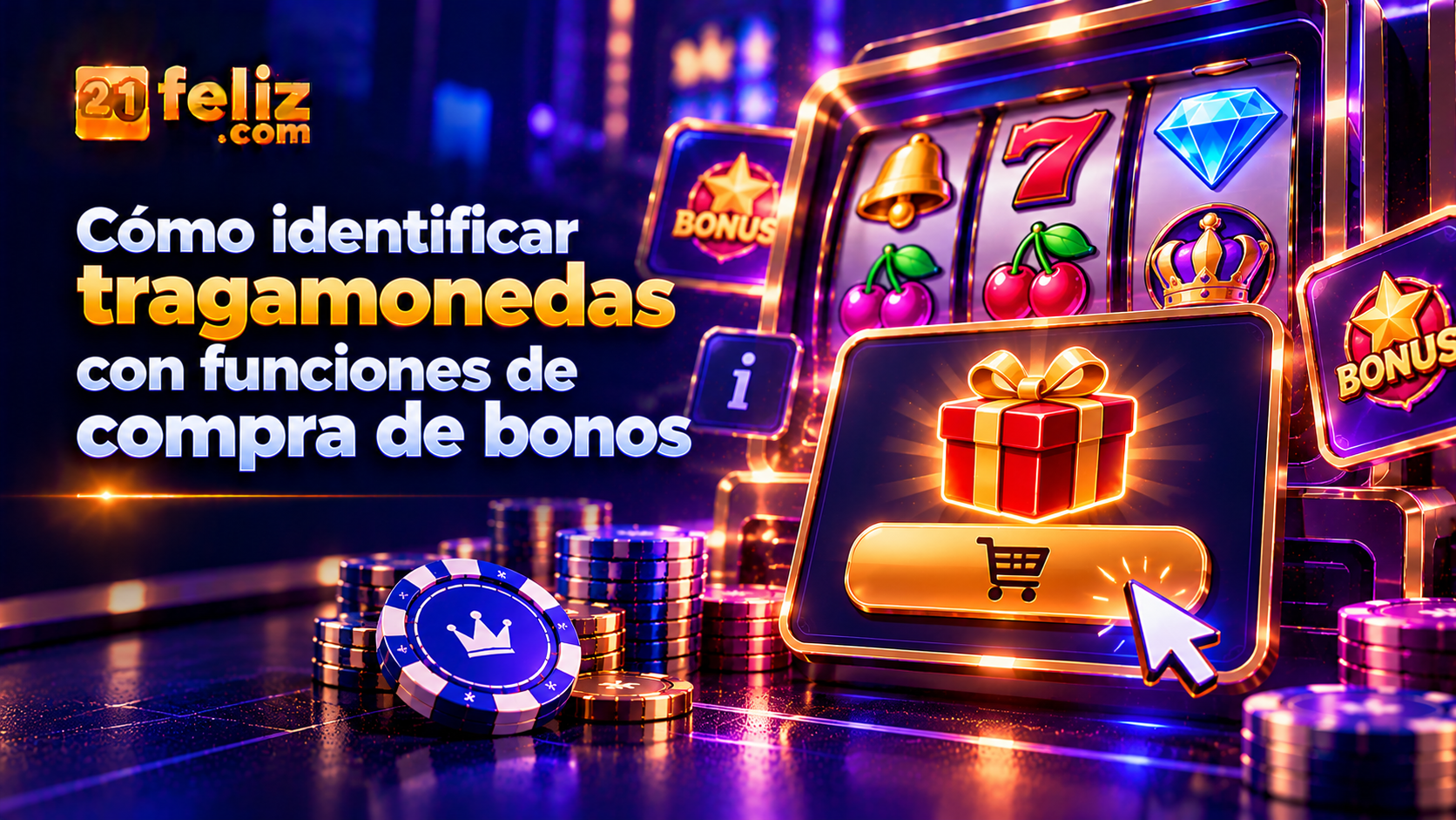 Ilustración editorial sobre compra de bonos en tragamonedas con interfaz de juego abstracta, fondo azul oscuro y detalles luminosos.