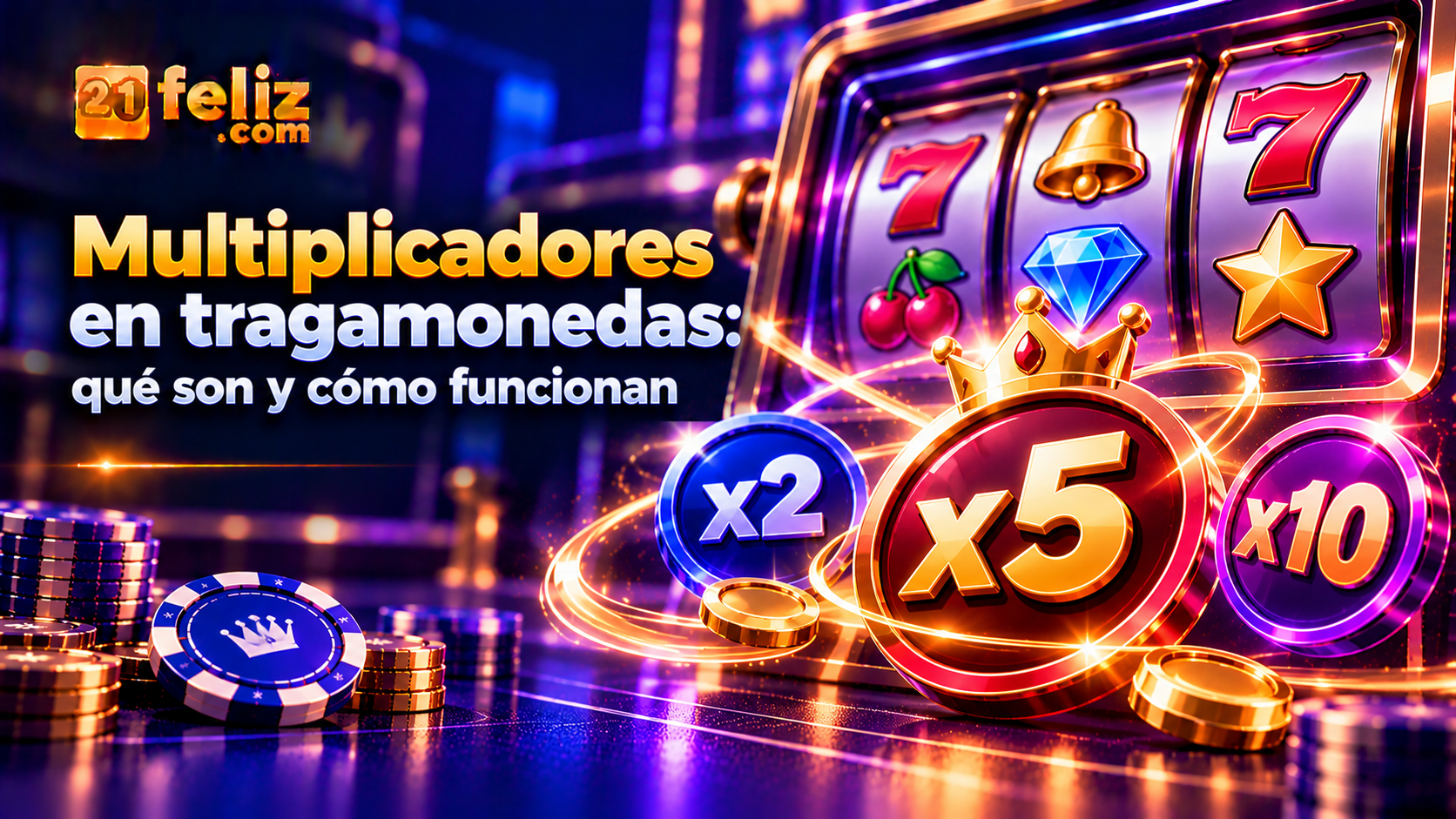 Ilustración editorial sobre multiplicadores en tragamonedas con interfaz de juego abstracta, fondo azul oscuro y detalles luminosos.