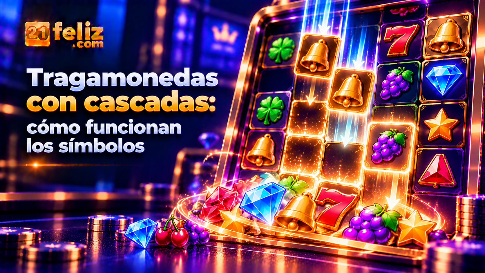 Ilustración editorial sobre tragamonedas con cascadas con interfaz de juego abstracta, fondo azul oscuro y detalles luminosos.