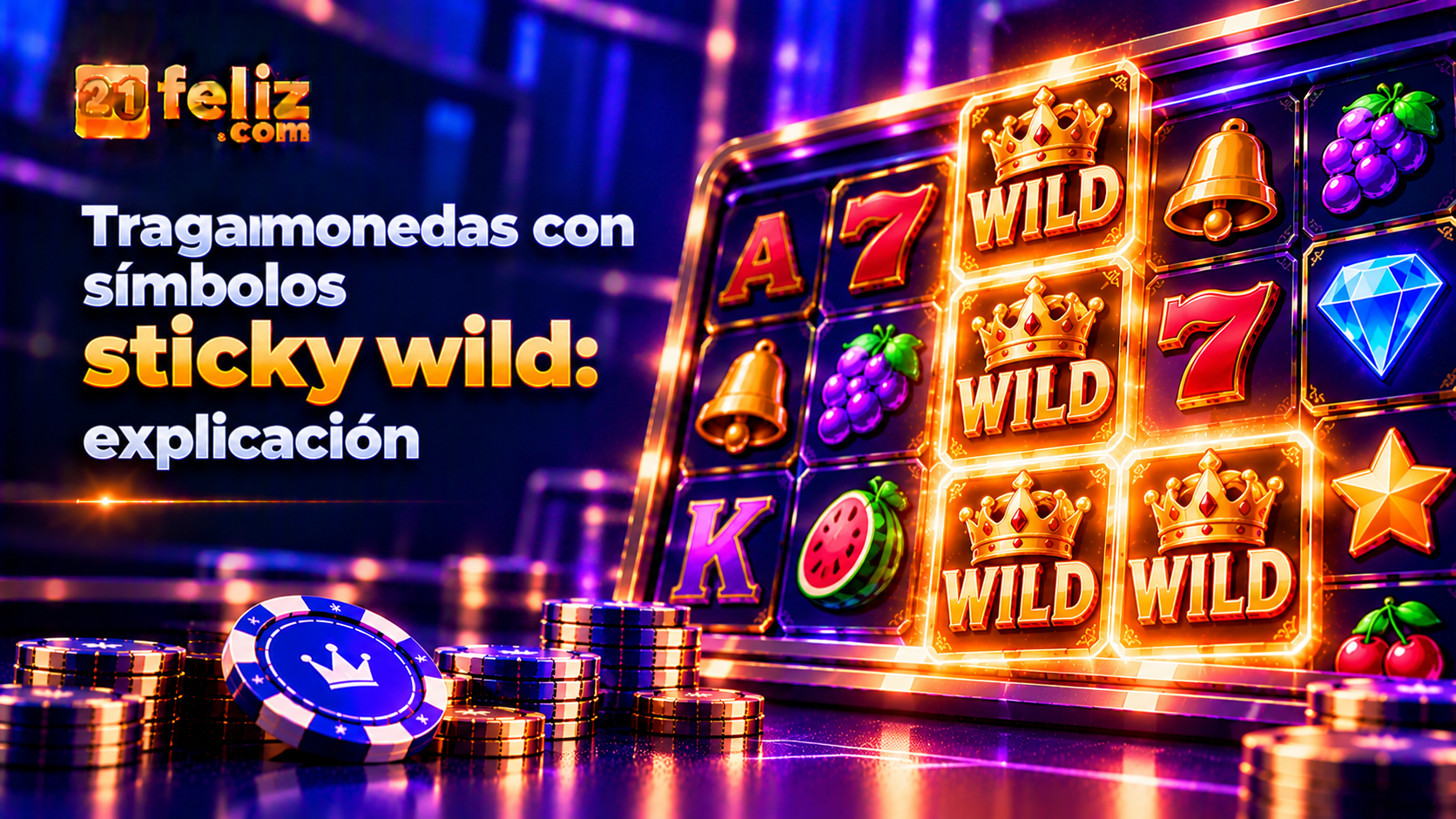 Ilustración editorial sobre sticky wild en tragamonedas con interfaz de juego abstracta, fondo azul oscuro y detalles luminosos.