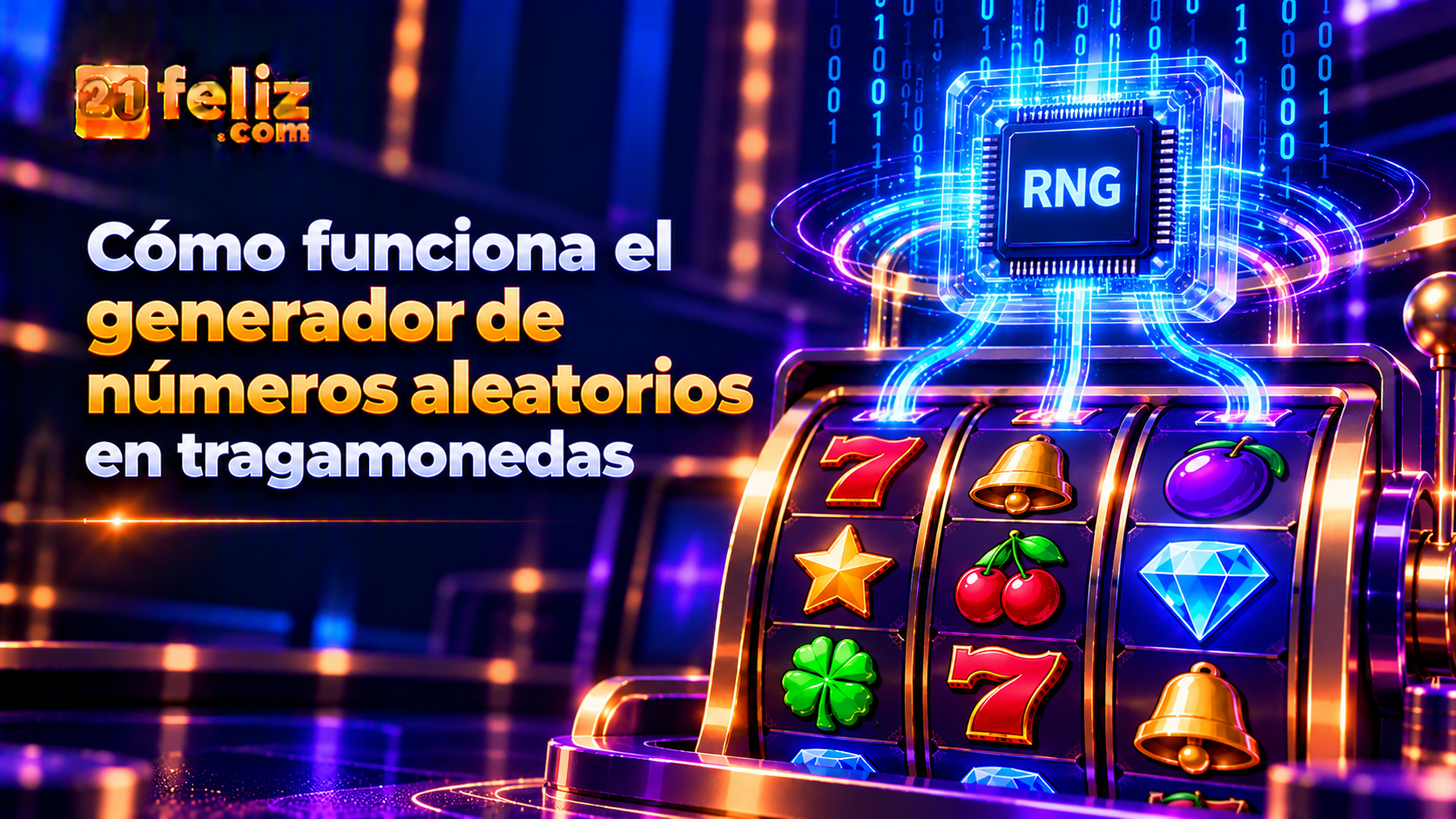 Ilustración editorial sobre generador de numeros aleatorios tragamonedas con interfaz de juego genérica y elementos visuales explicativos en tonos azul y violeta.