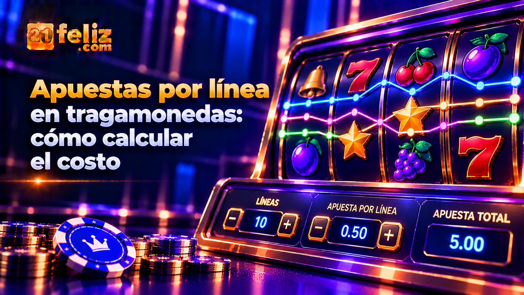 Ilustración editorial sobre apuestas por linea en tragamonedas con interfaz de juego genérica y elementos visuales explicativos en tonos azul y violeta.