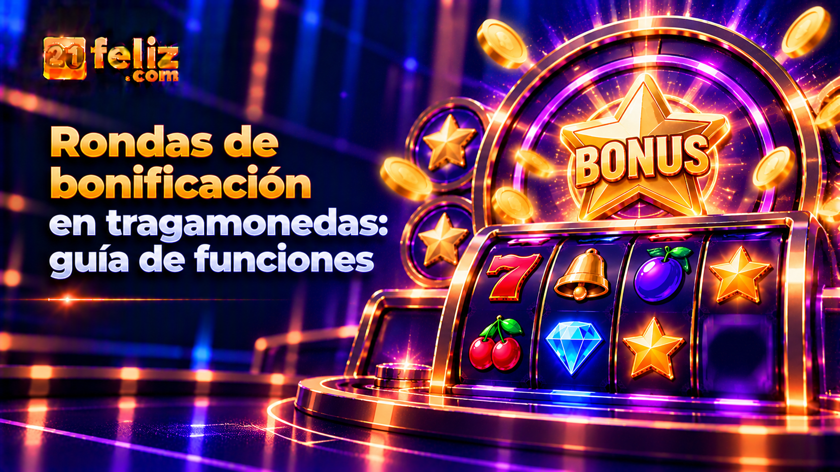 Ilustración editorial sobre rondas de bonificacion tragamonedas con interfaz de juego genérica y elementos visuales explicativos en tonos azul y violeta.