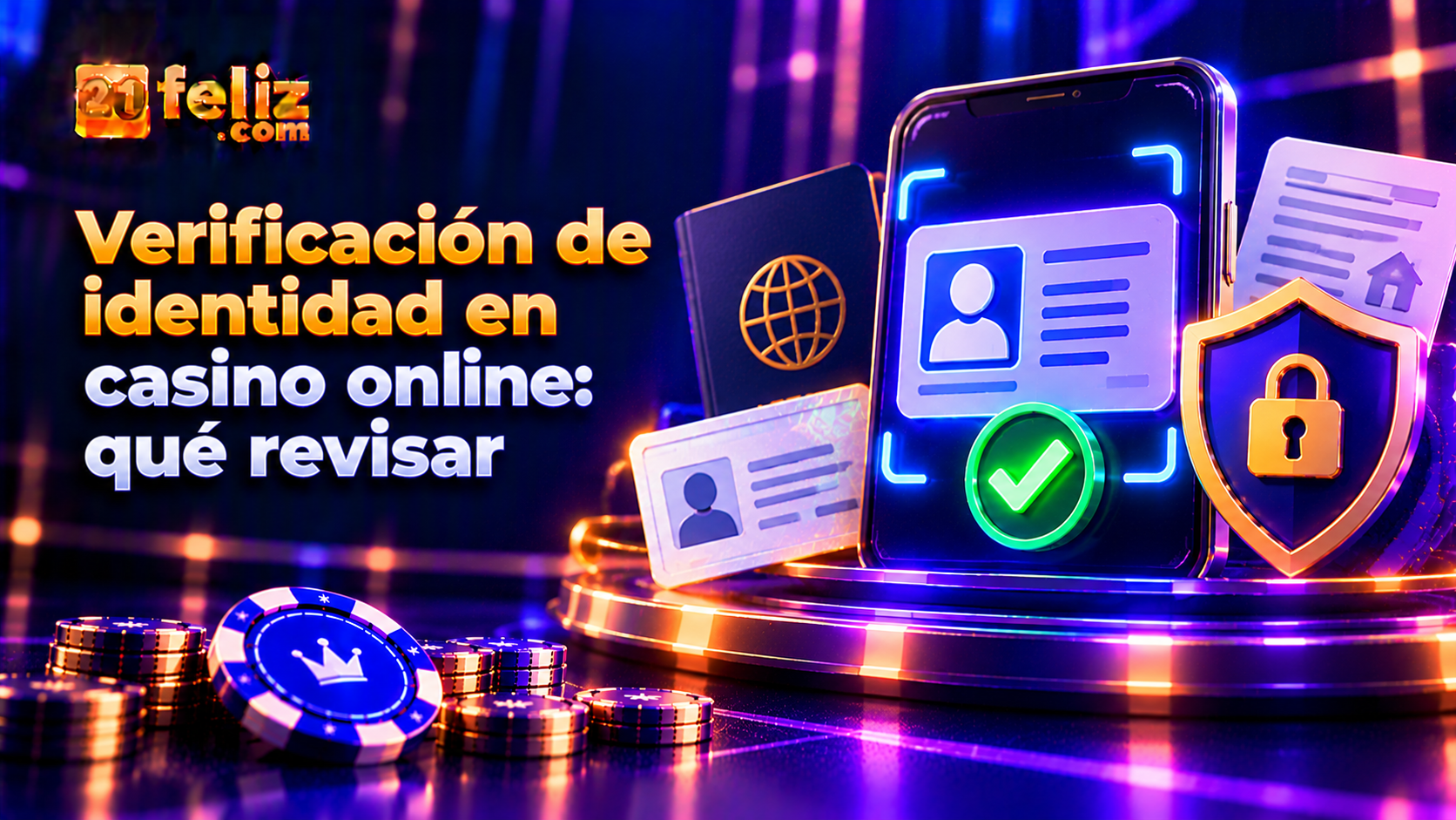 Ilustración editorial sobre casino online verificacion de identidad con interfaz de juego genérica y elementos visuales explicativos en tonos azul y violeta.