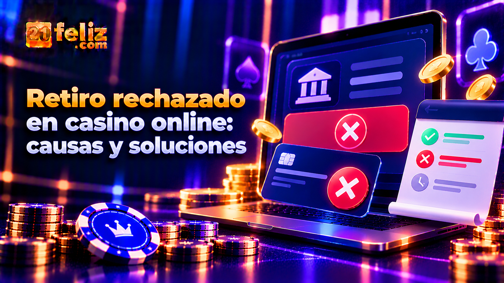 Ilustración editorial sobre retiro rechazado casino online con interfaz de juego genérica y elementos visuales explicativos en tonos azul y violeta.