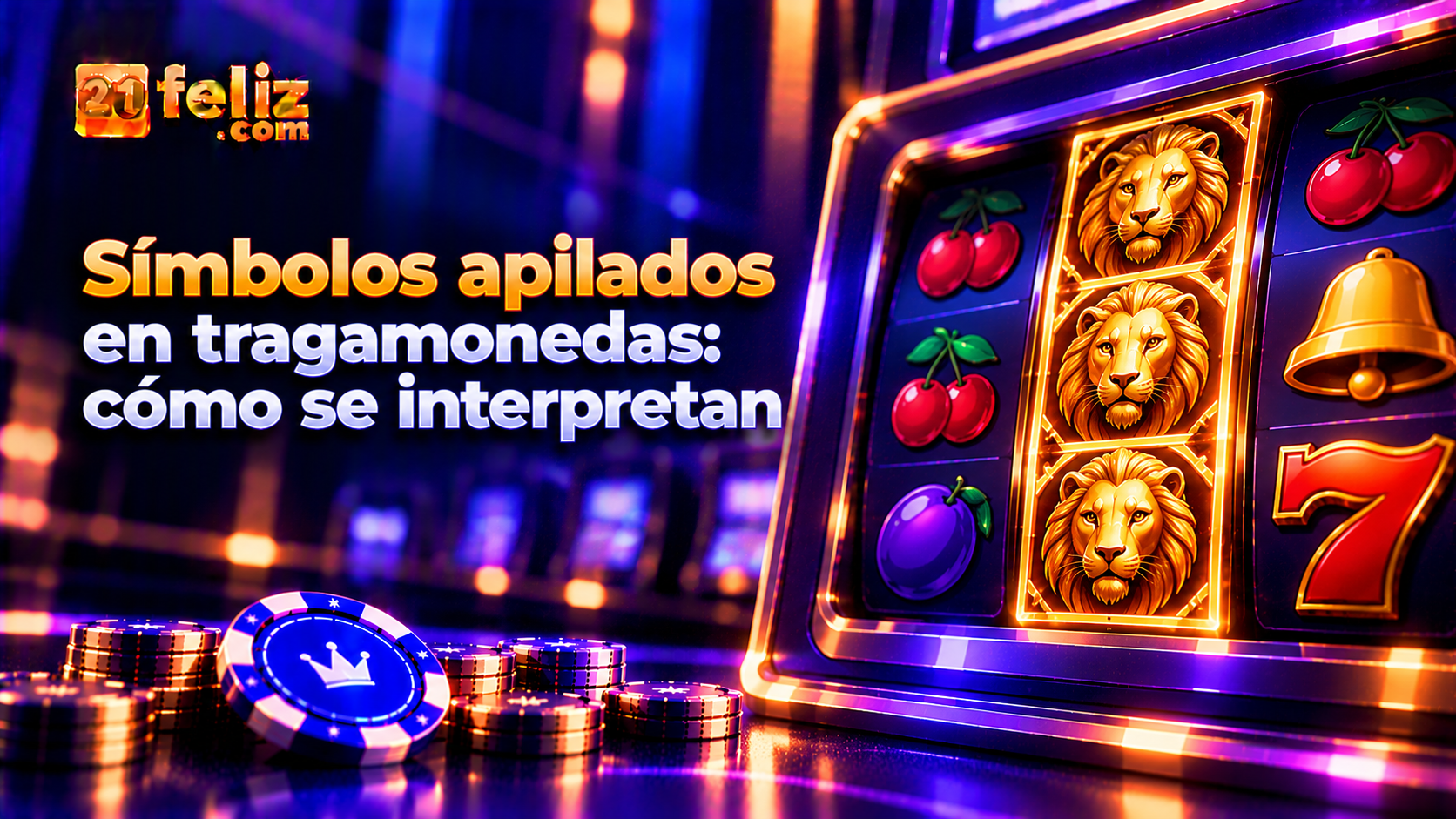 Ilustración conceptual de símbolos apilados en tragamonedas con elementos de interfaz y controles de juego en un entorno digital oscuro.