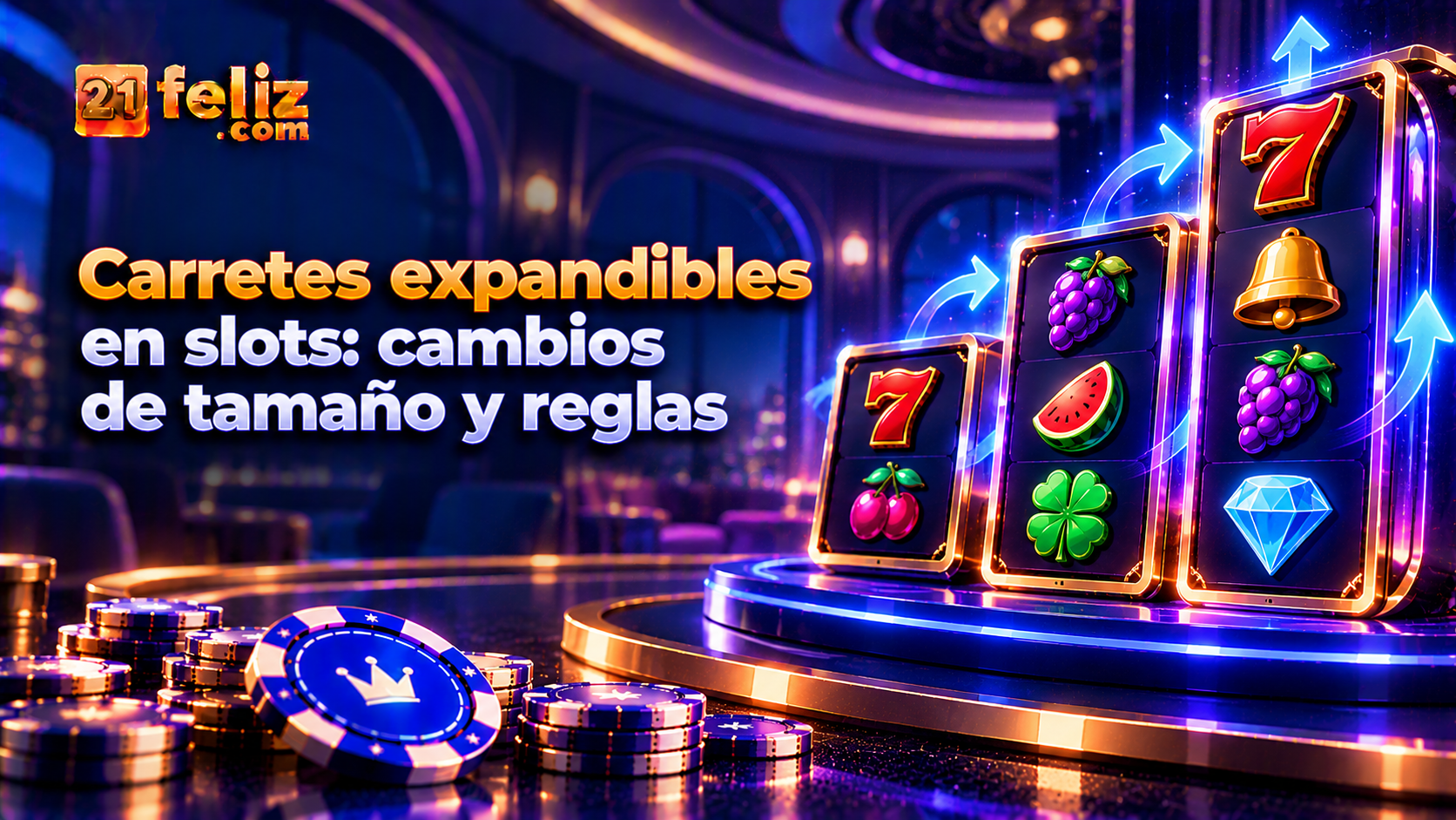 Ilustración conceptual de carretes expandibles en slots con elementos de interfaz y controles de juego en un entorno digital oscuro.